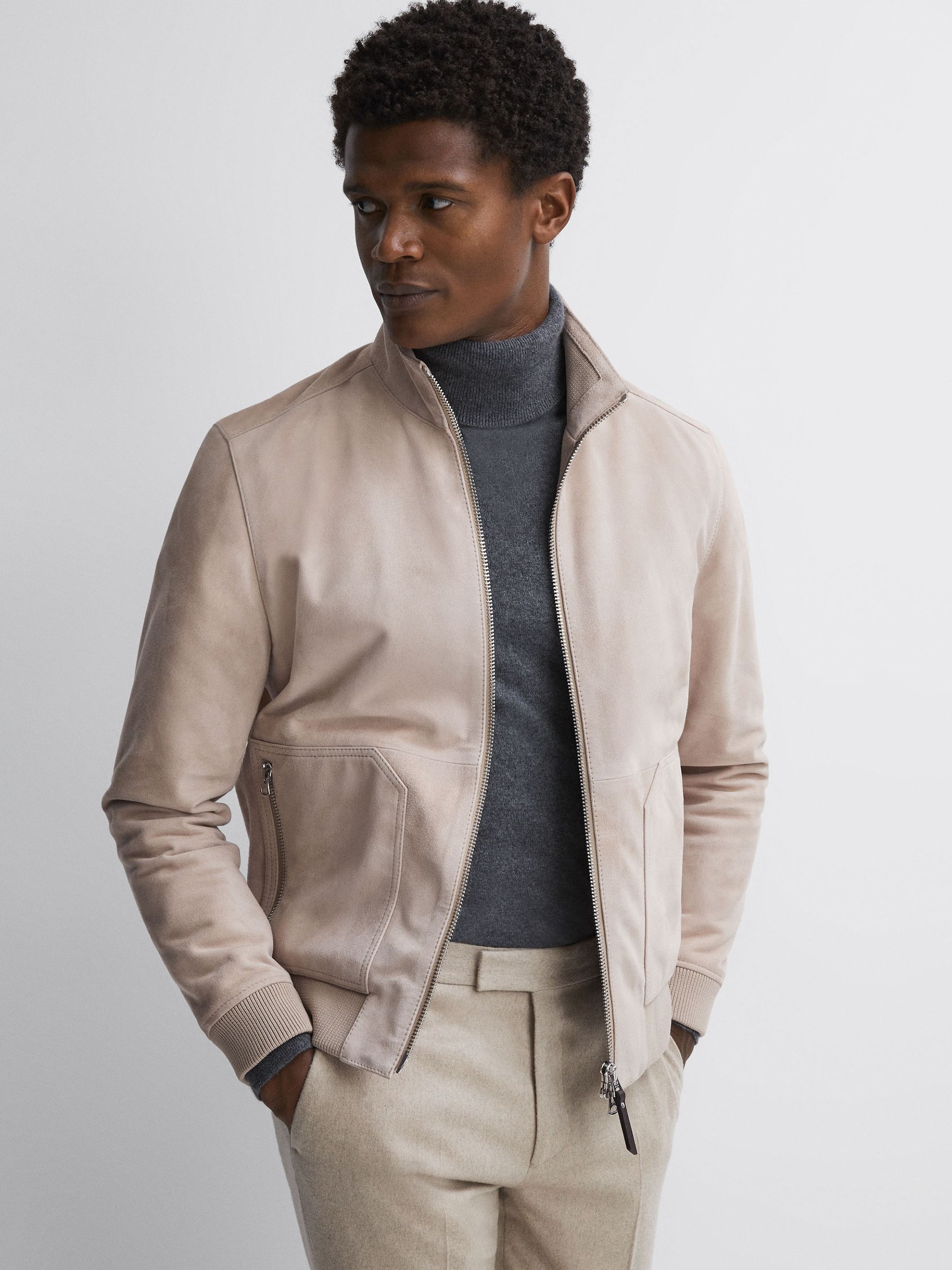 Suede Zip Through Jacket in Stone - Image 1 of 5