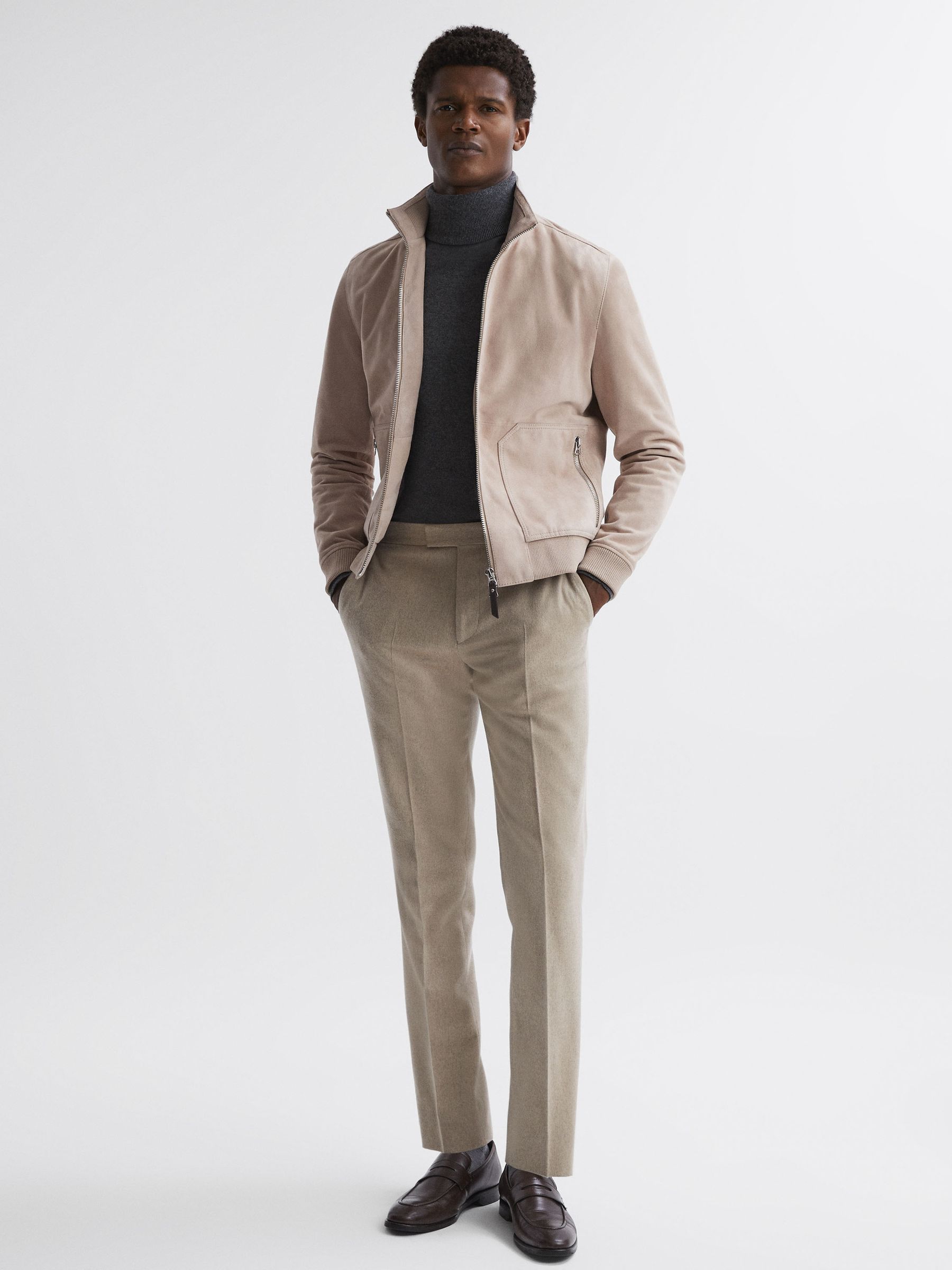 Reiss Suede Zip Through Jacket in Stone - REISS