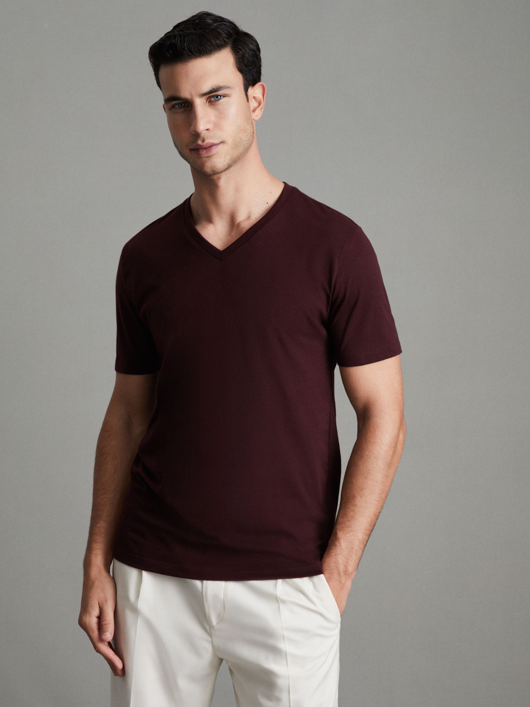 Cotton V-Neck T-Shirt in Bordeaux - Image 1 of 6