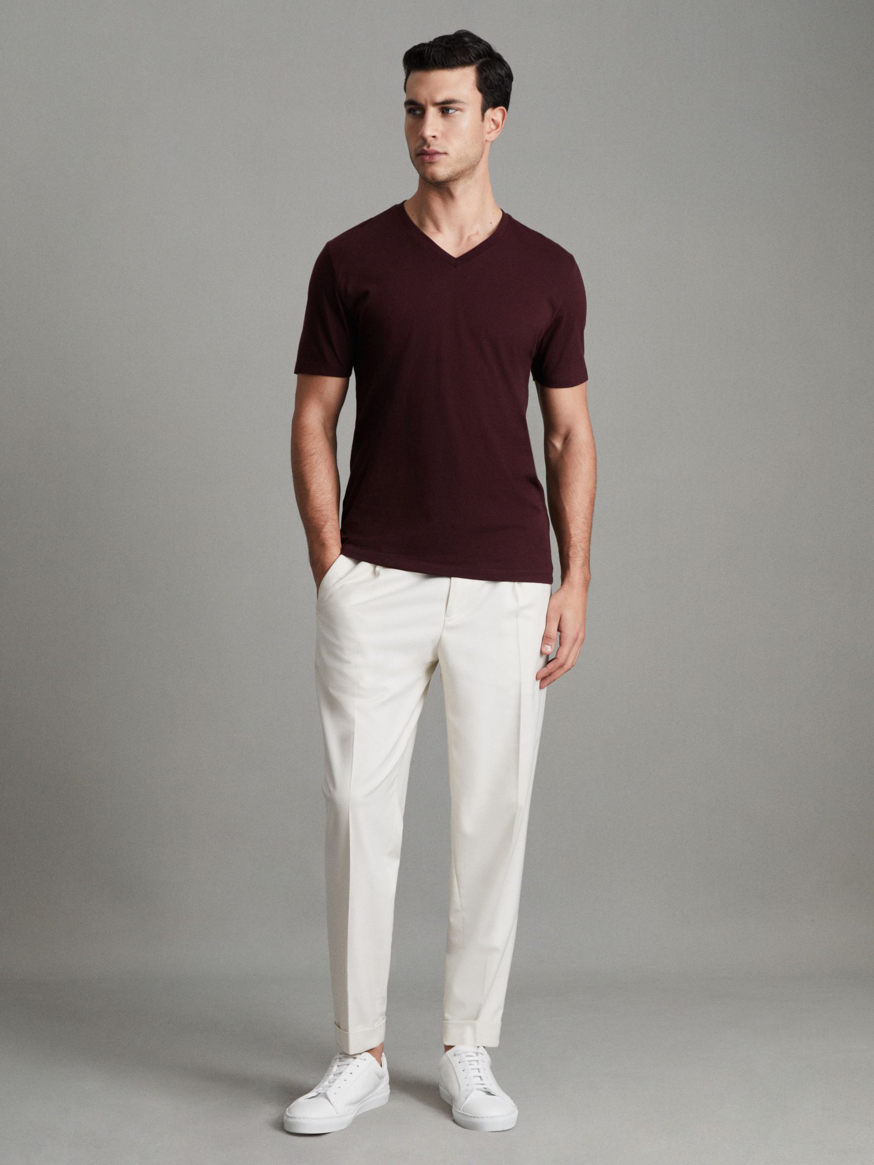 Cotton V-Neck T-Shirt in Bordeaux - Image 3 of 6