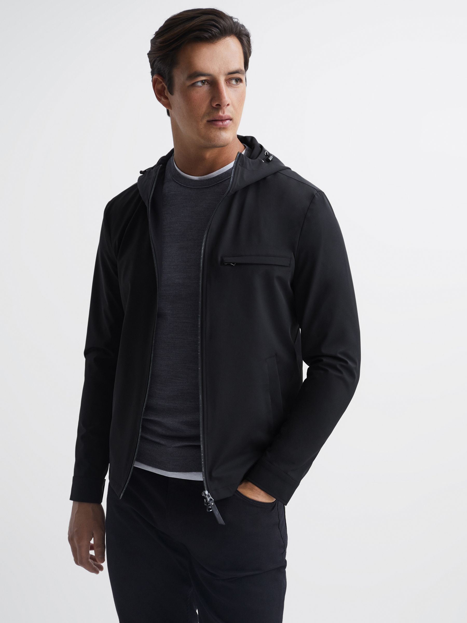 Zip Through Hooded Blouson Jacket in Black - Image 1 of 6