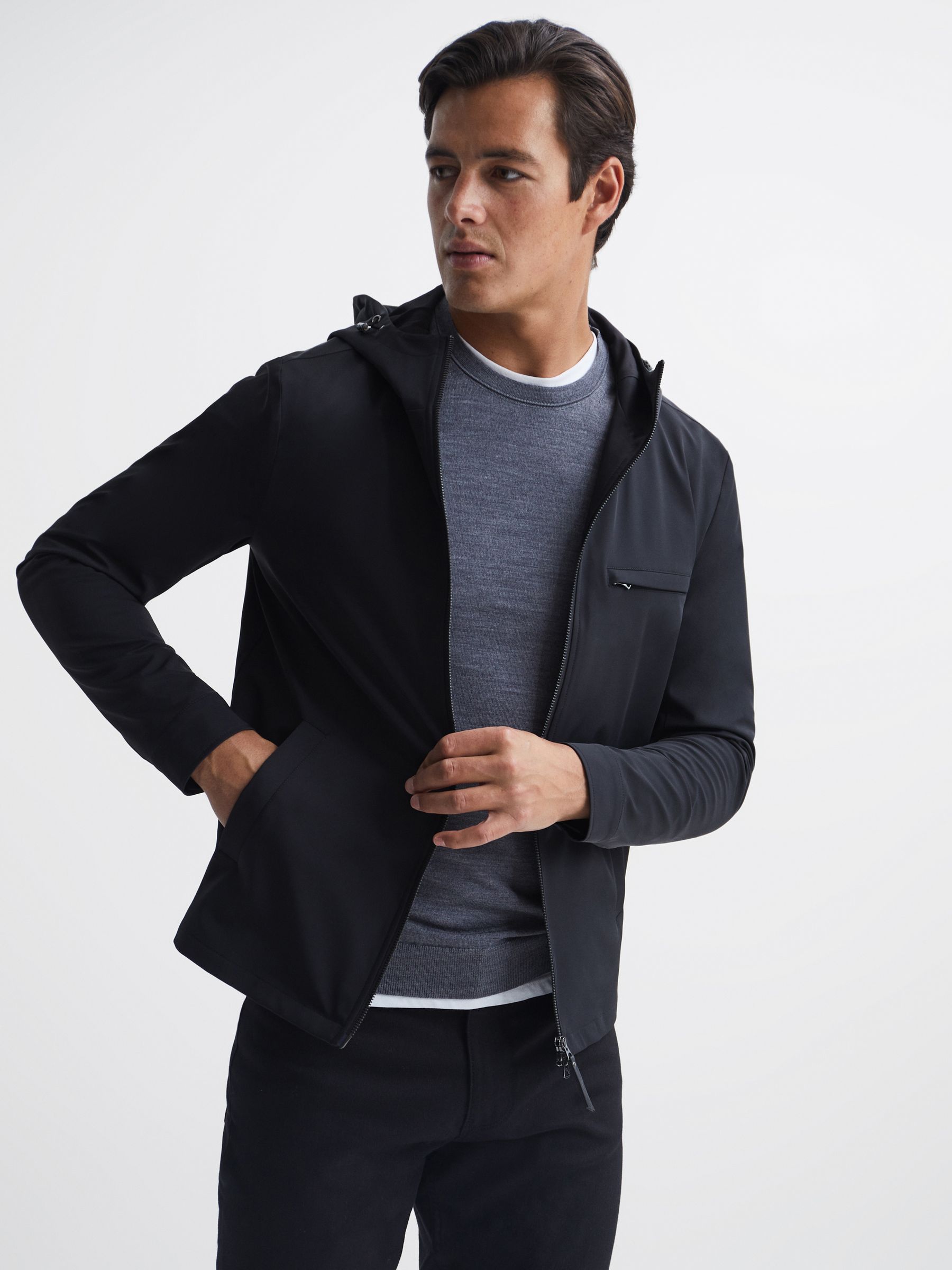 Zip Through Hooded Blouson Jacket in Black - Image 6 of 6