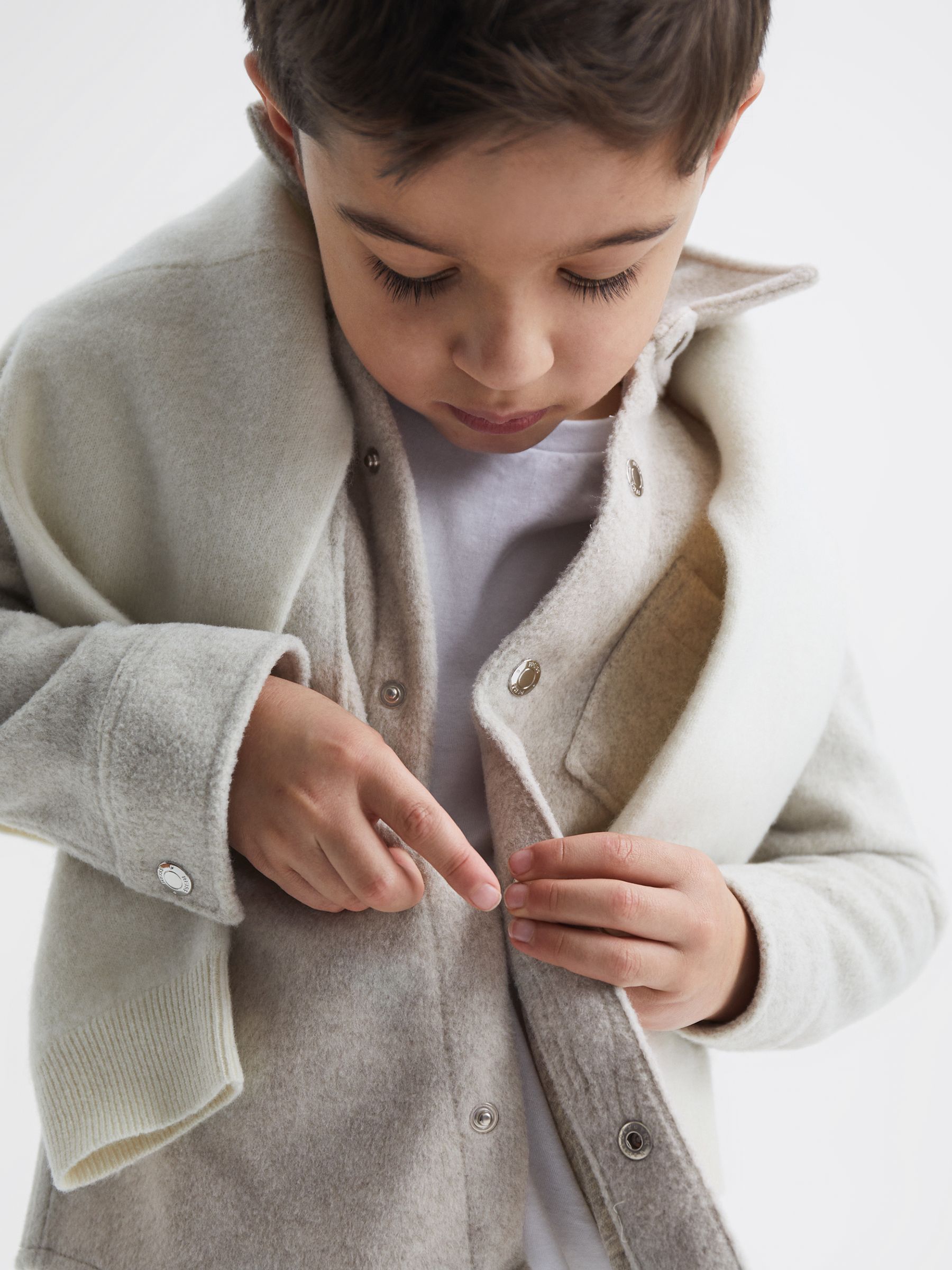 9-12 yrs Long Sleeve Press Stud Brushed Overshirt in Oatmeal - Image 4 of 7