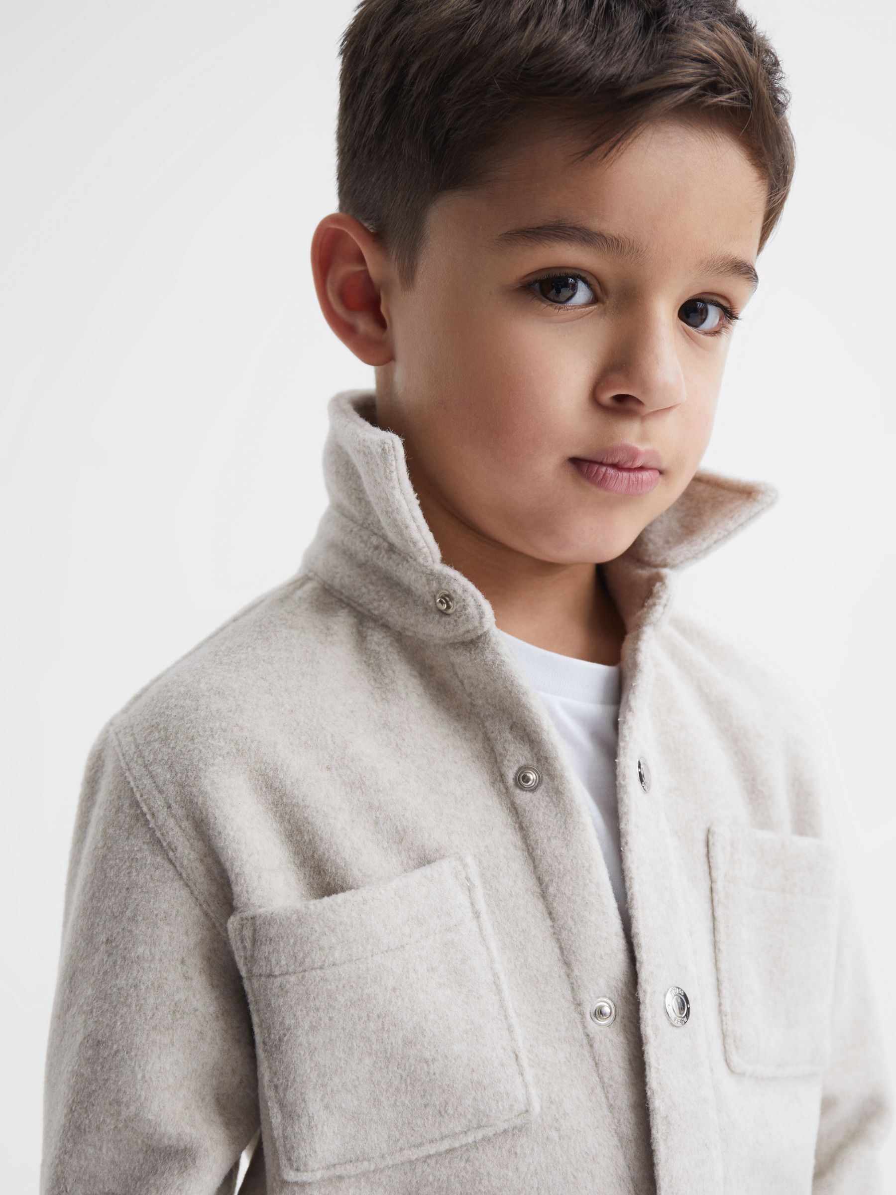 9-12 yrs Long Sleeve Press Stud Brushed Overshirt in Oatmeal - Image 6 of 7