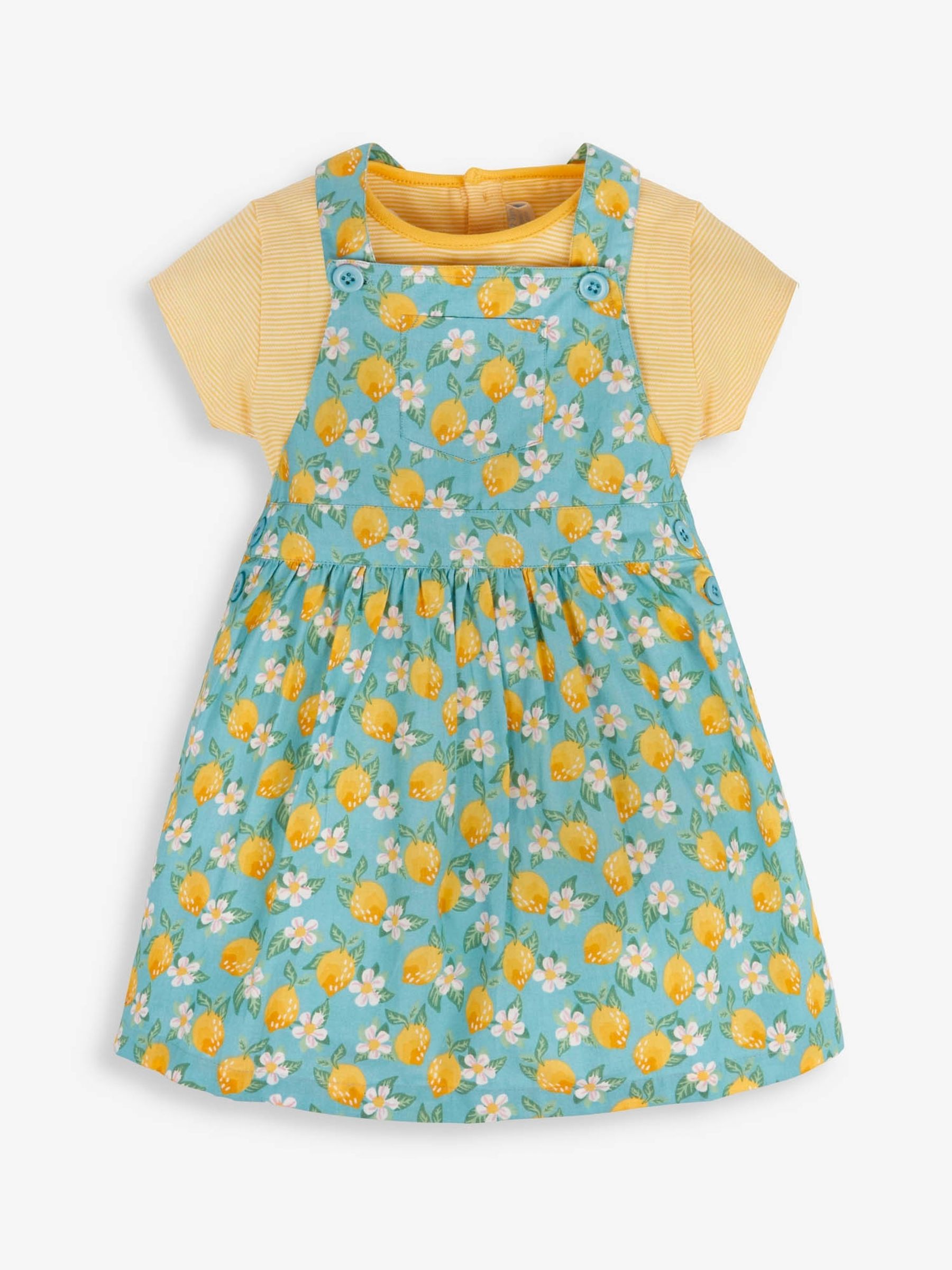 Duck Egg 2-Piece Lemon Print Dungaree Dress & Top Set - Image 1 of 4