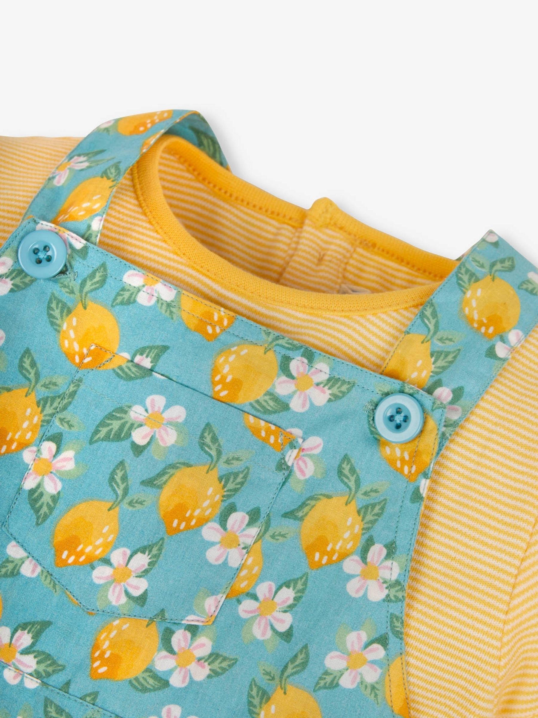Duck Egg 2-Piece Lemon Print Dungaree Dress & Top Set - Image 3 of 4