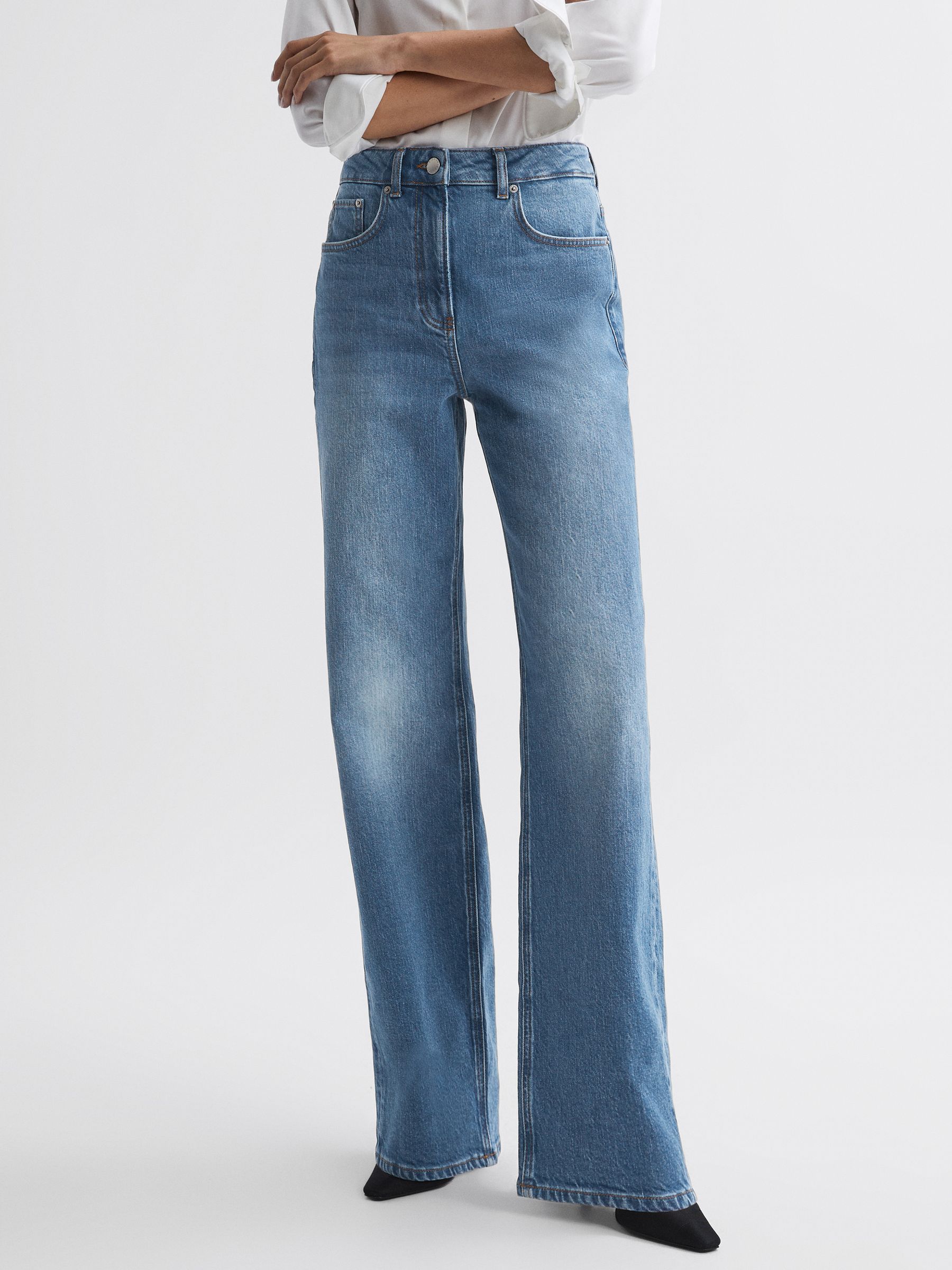 Petite Mid Rise Wide Leg Jeans in Mid Blue - Image 1 of 5