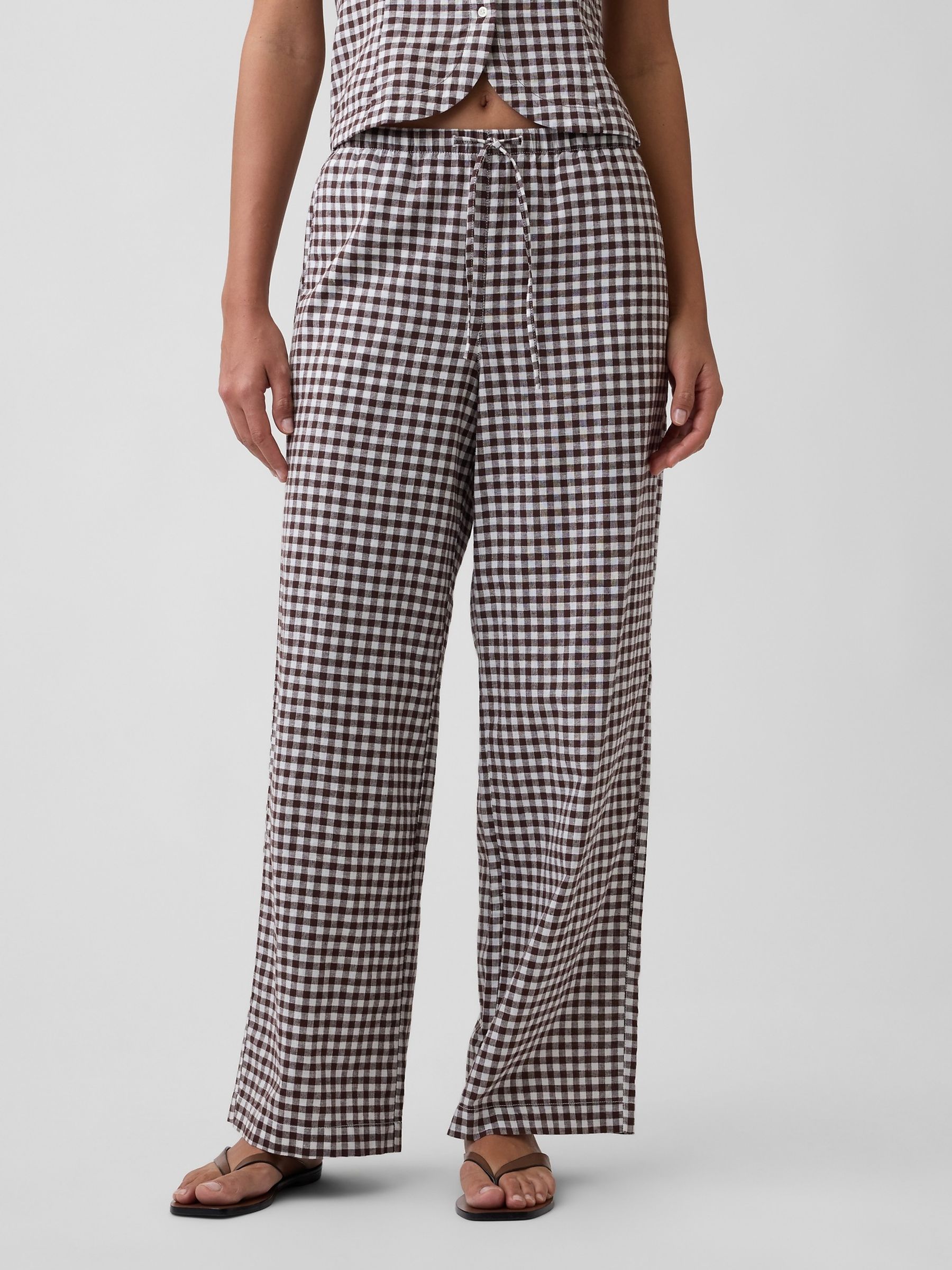 Brown Gingham Gingham Linen Blend Mid Rise Pull On Wide Leg Trousers - Image 1 of 6