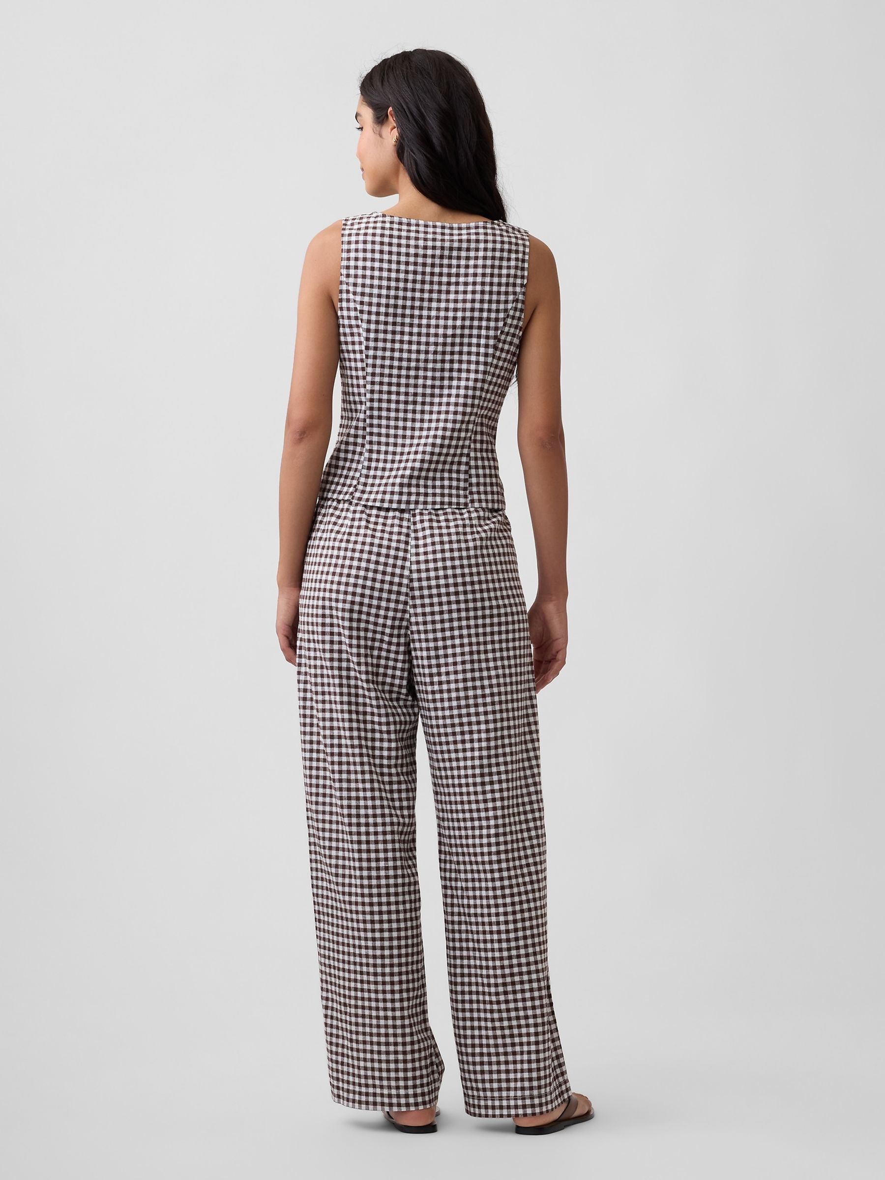 Brown Gingham Gingham Linen Blend Mid Rise Pull On Wide Leg Trousers - Image 2 of 6 Brown Gingham Gingham Linen Blend Mid Rise Pull On Wide Leg Trousers - Image 2 of 6