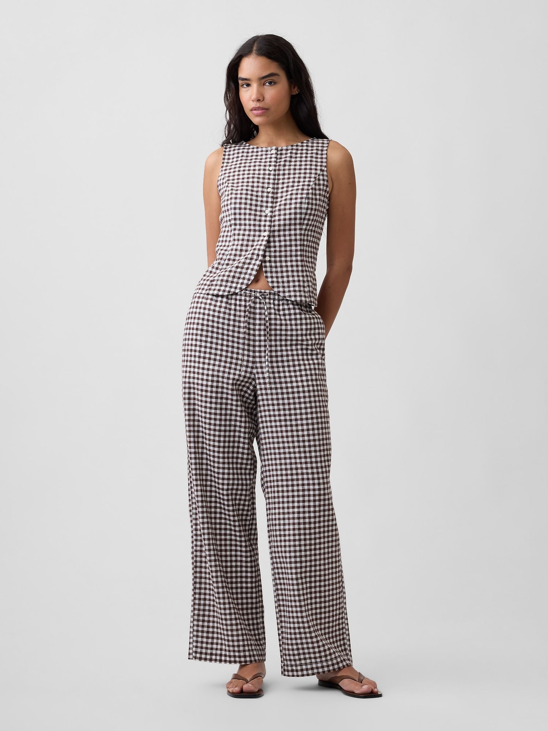 Brown Gingham Gingham Linen Blend Mid Rise Pull On Wide Leg Trousers - Image 3 of 6