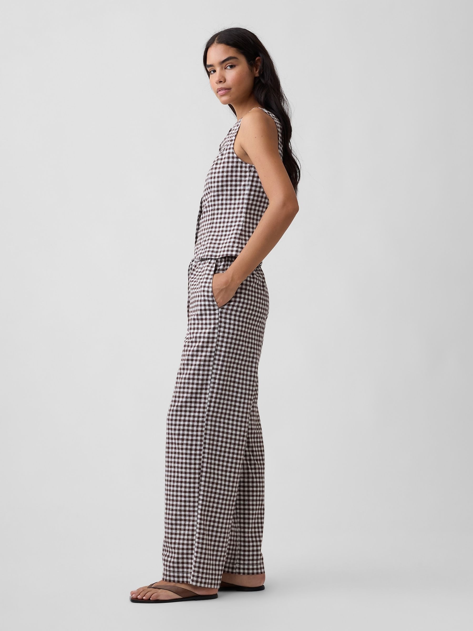 Brown Gingham Gingham Linen Blend Mid Rise Pull On Wide Leg Trousers - Image 4 of 6