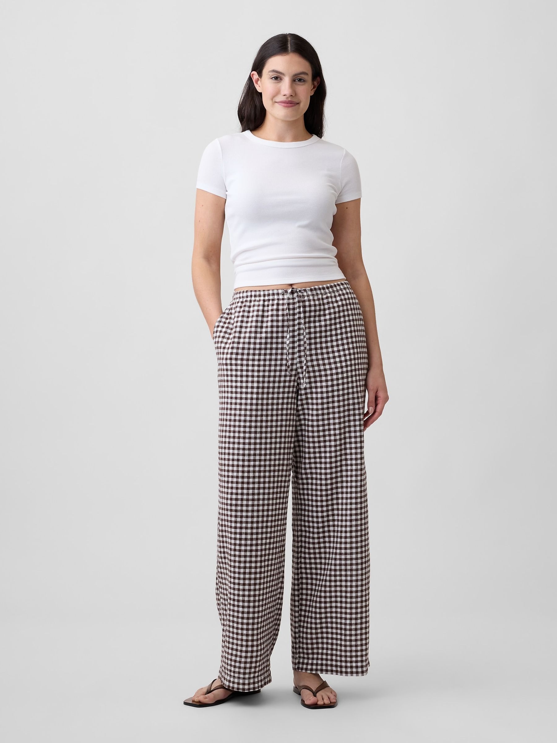 Brown Gingham Gingham Linen Blend Mid Rise Pull On Wide Leg Trousers - Image 5 of 6