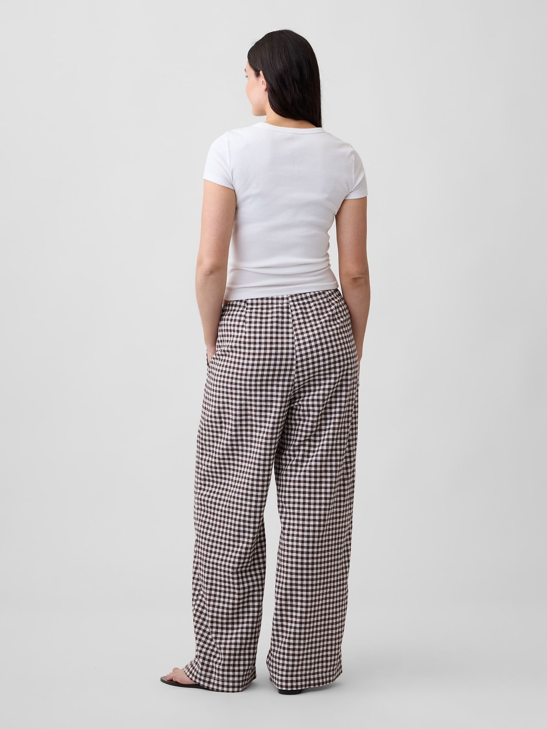 Brown Gingham Gingham Linen Blend Mid Rise Pull On Wide Leg Trousers - Image 6 of 6 Brown Gingham Gingham Linen Blend Mid Rise Pull On Wide Leg Trousers - Image 6 of 6