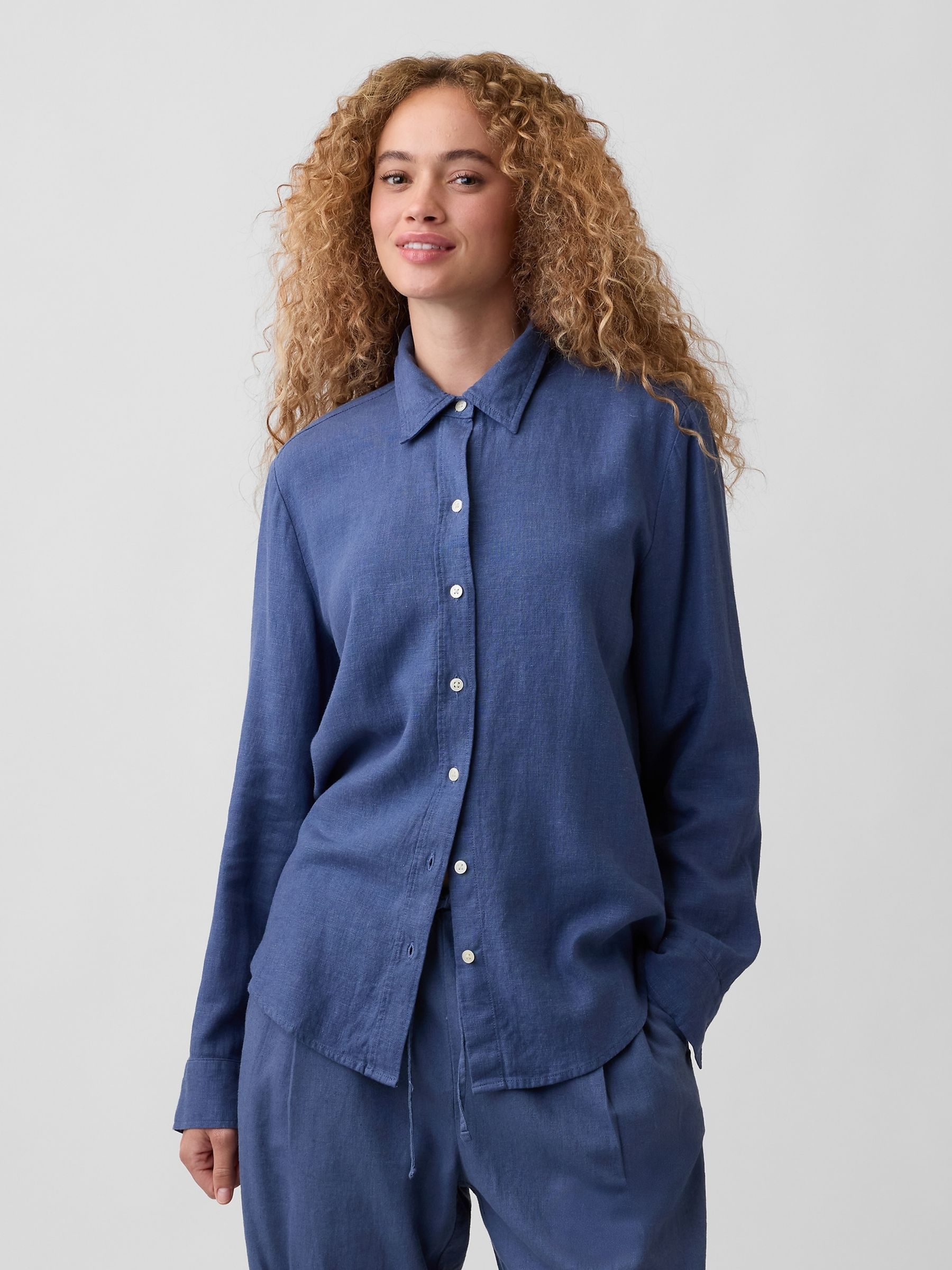 Indigo Blue Oversized Linen-Blend Easy Shirt - Image 1 of 5 Indigo Blue Oversized Linen-Blend Easy Shirt - Image 1 of 5
