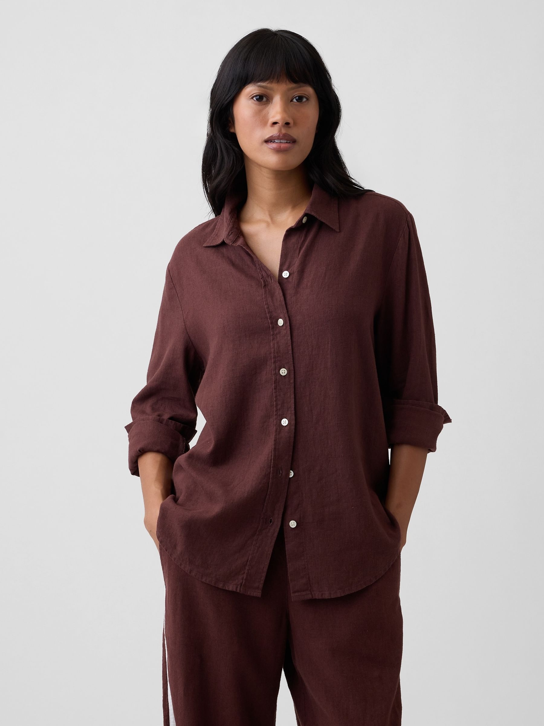 Brown Oversized Linen-Blend Easy Shirt - Image 1 of 5