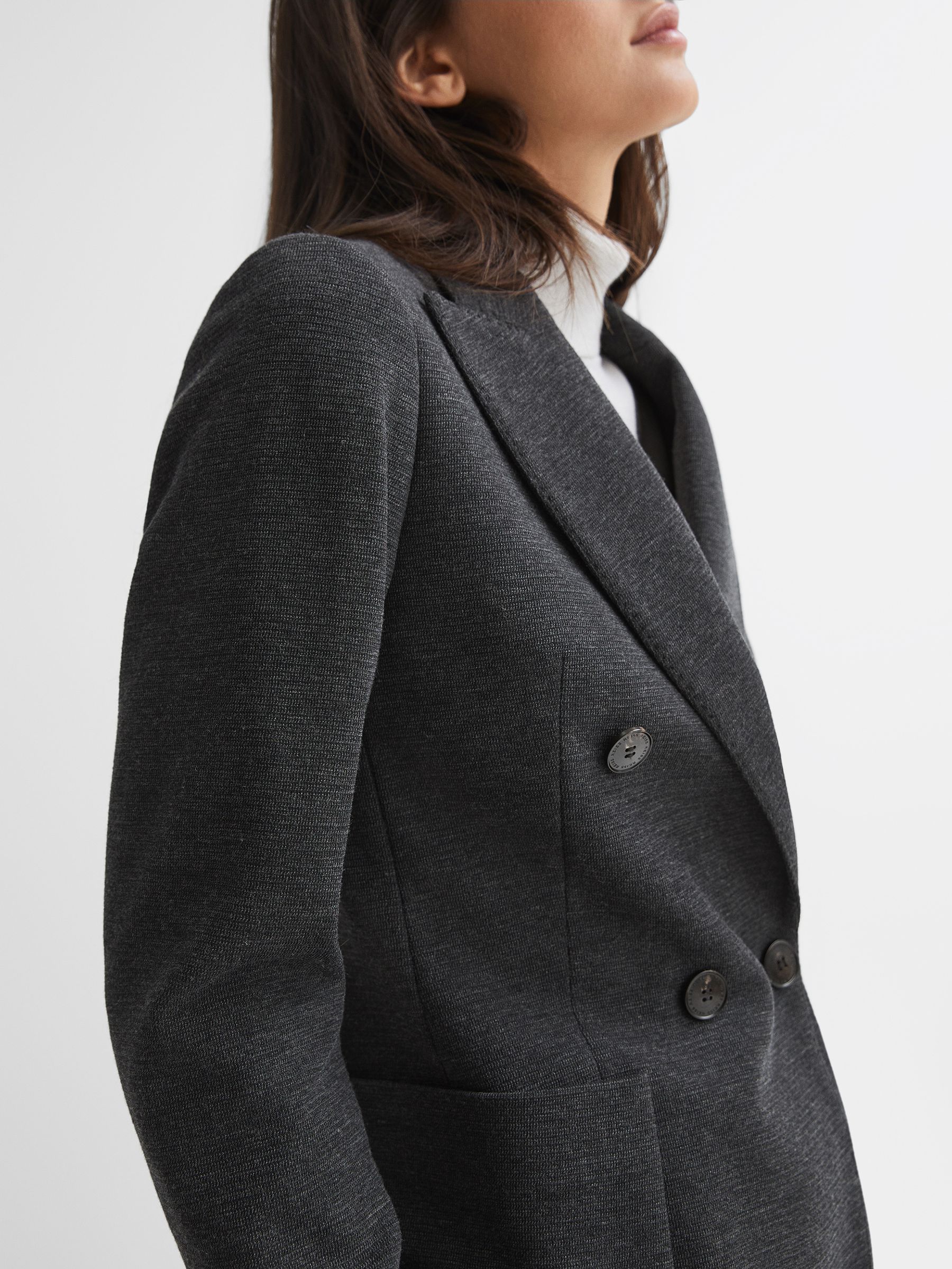 Petite Double Breasted Wool Blend Suit Blazer in Grey Melange - Image 4 of 6