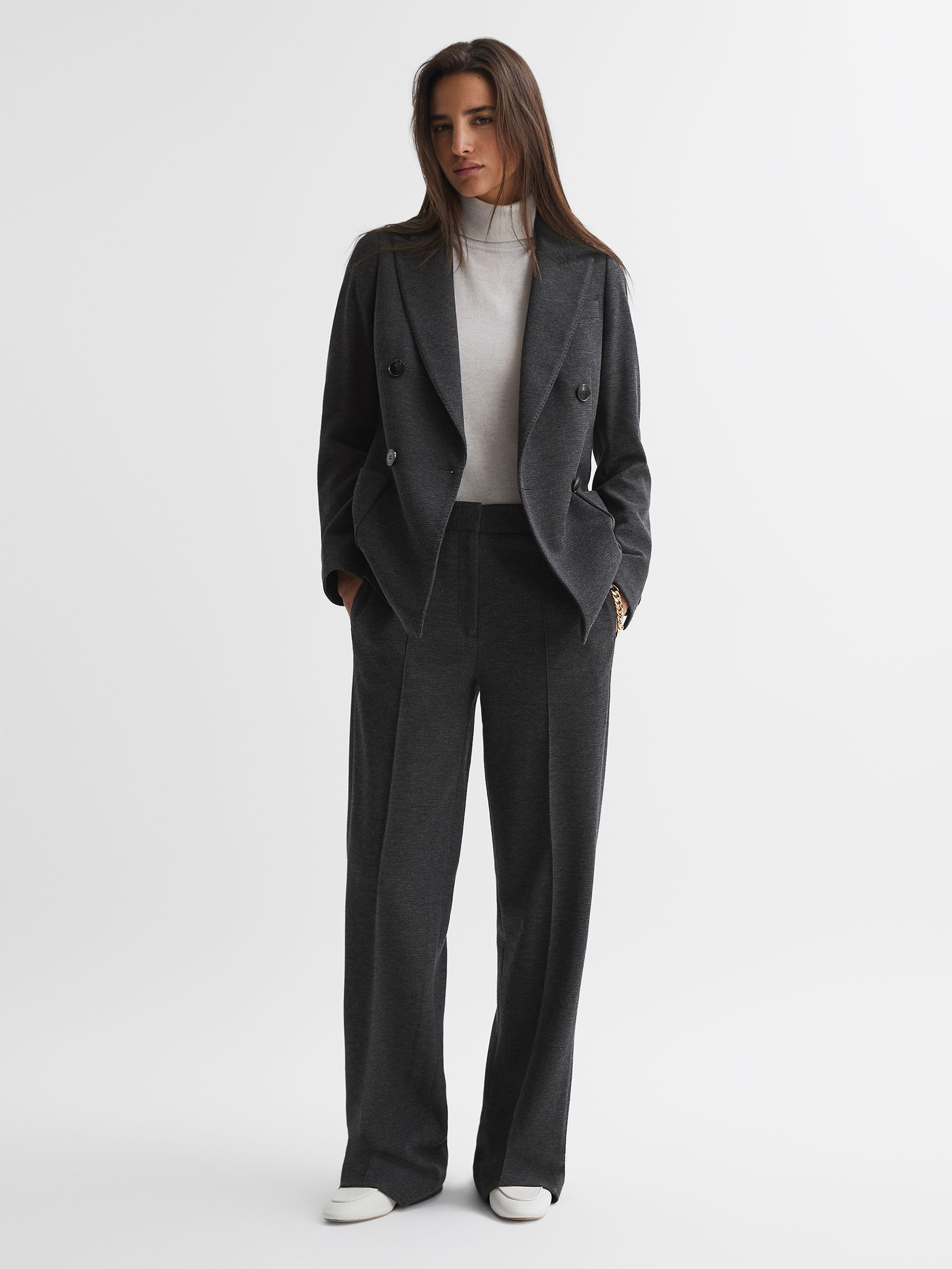 Petite Double Breasted Wool Blend Suit Blazer in Grey Melange - Image 5 of 6