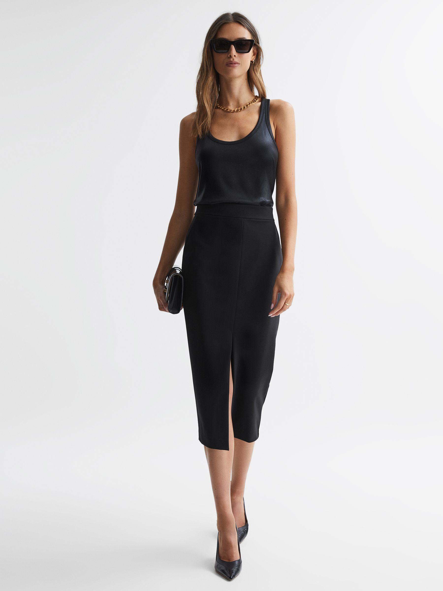 High Rise Midi Pencil Skirt in Black - Image 1 of 4