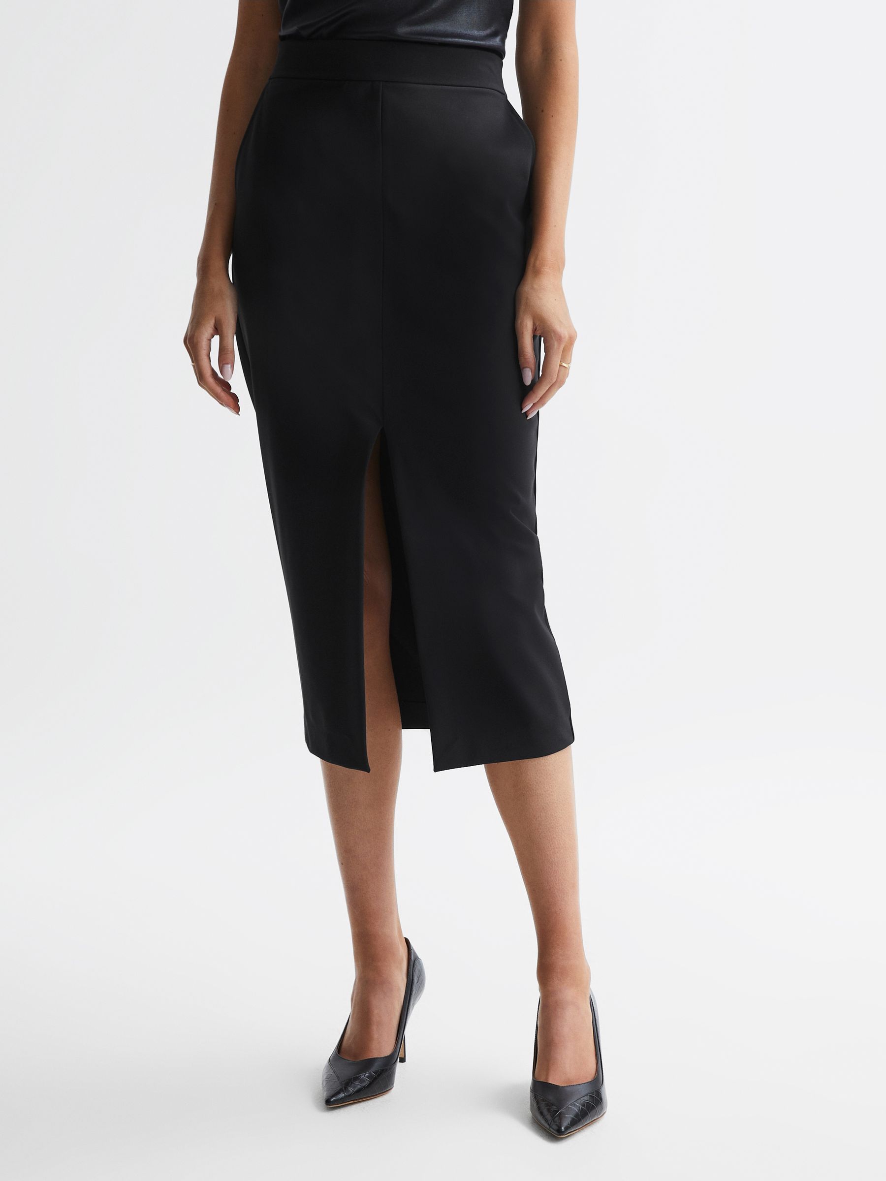 High Rise Midi Pencil Skirt in Black - Image 3 of 4