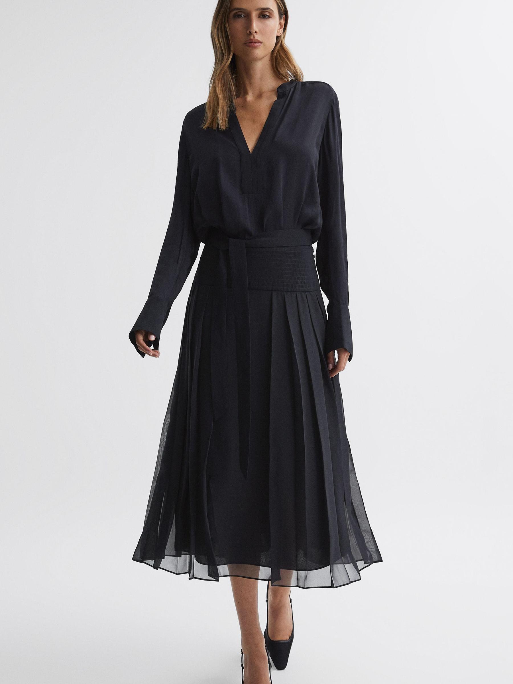 Pleated Long Sleeve Midi Dress in Navy - Image 1 of 4