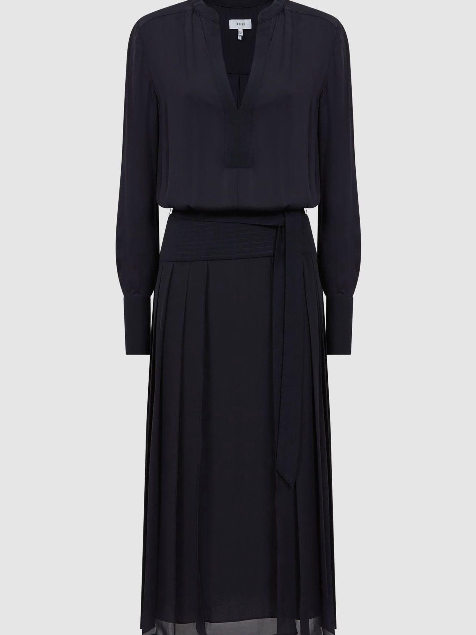 Pleated Long Sleeve Midi Dress in Navy - Image 2 of 4