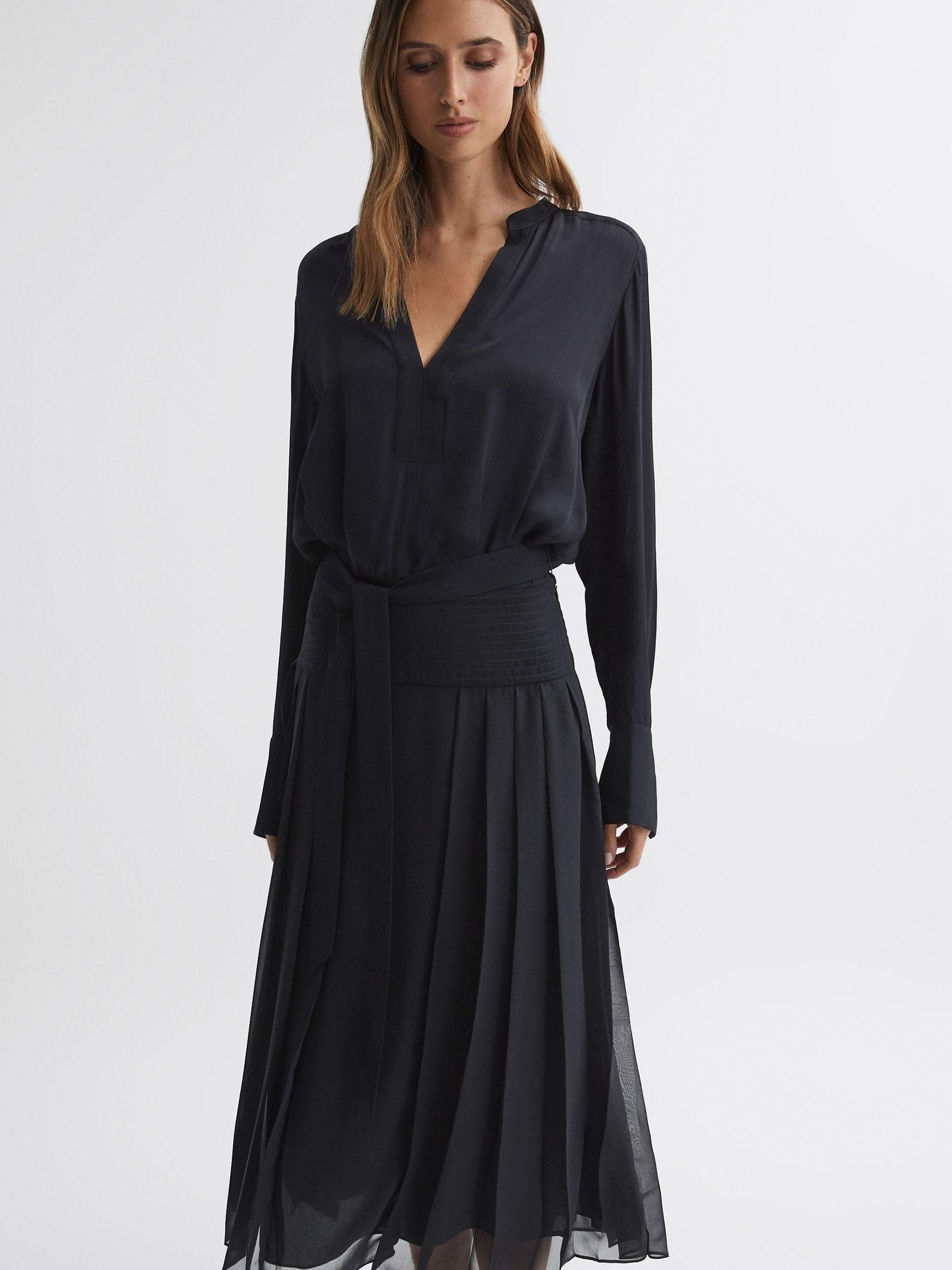 Pleated Long Sleeve Midi Dress in Navy - Image 3 of 4