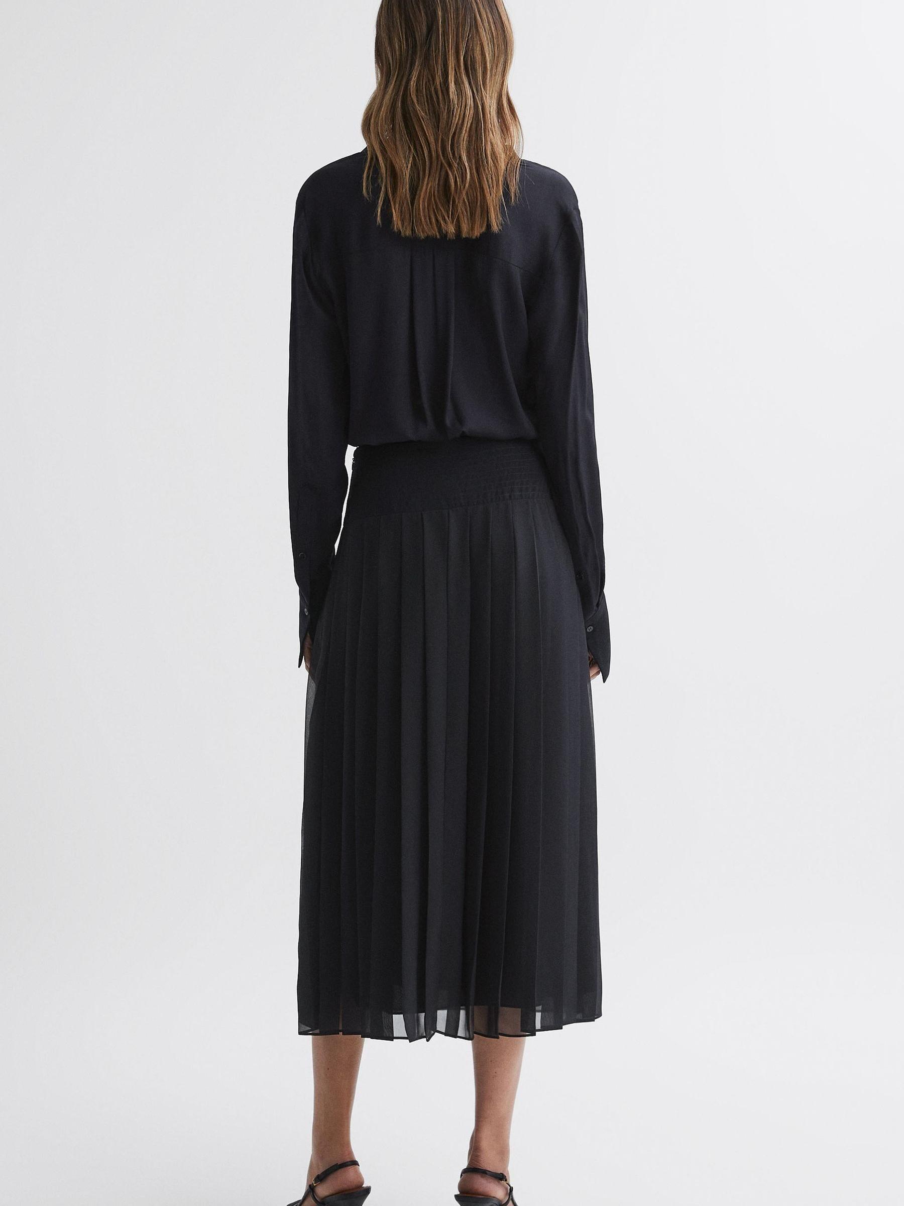 Pleated Long Sleeve Midi Dress in Navy - Image 4 of 4