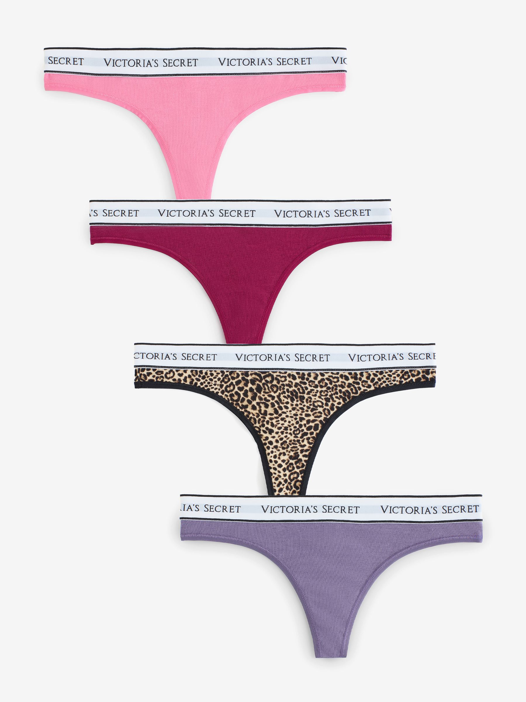 Pink/Leopard/Purple Thong Logo 4 Pack Knickers - Image 1 of 7 Pink/Leopard/Purple Thong Logo 4 Pack Knickers - Image 1 of 7