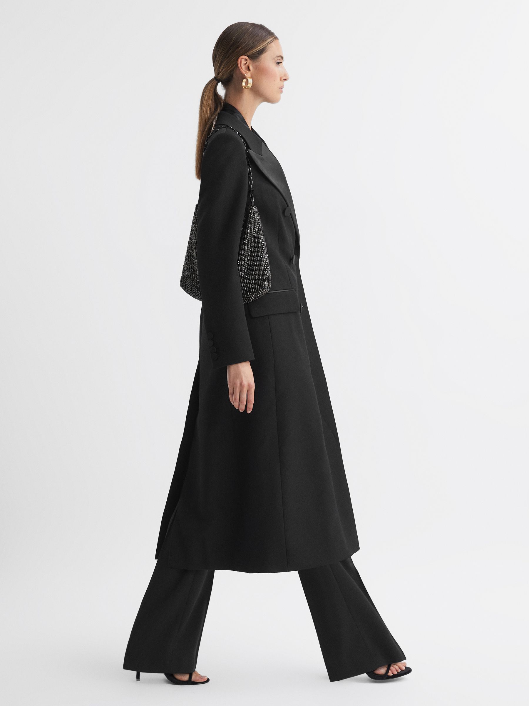 Relaxed Fit Wool Satin Double Breasted Coat in Black - Image 1 of 5