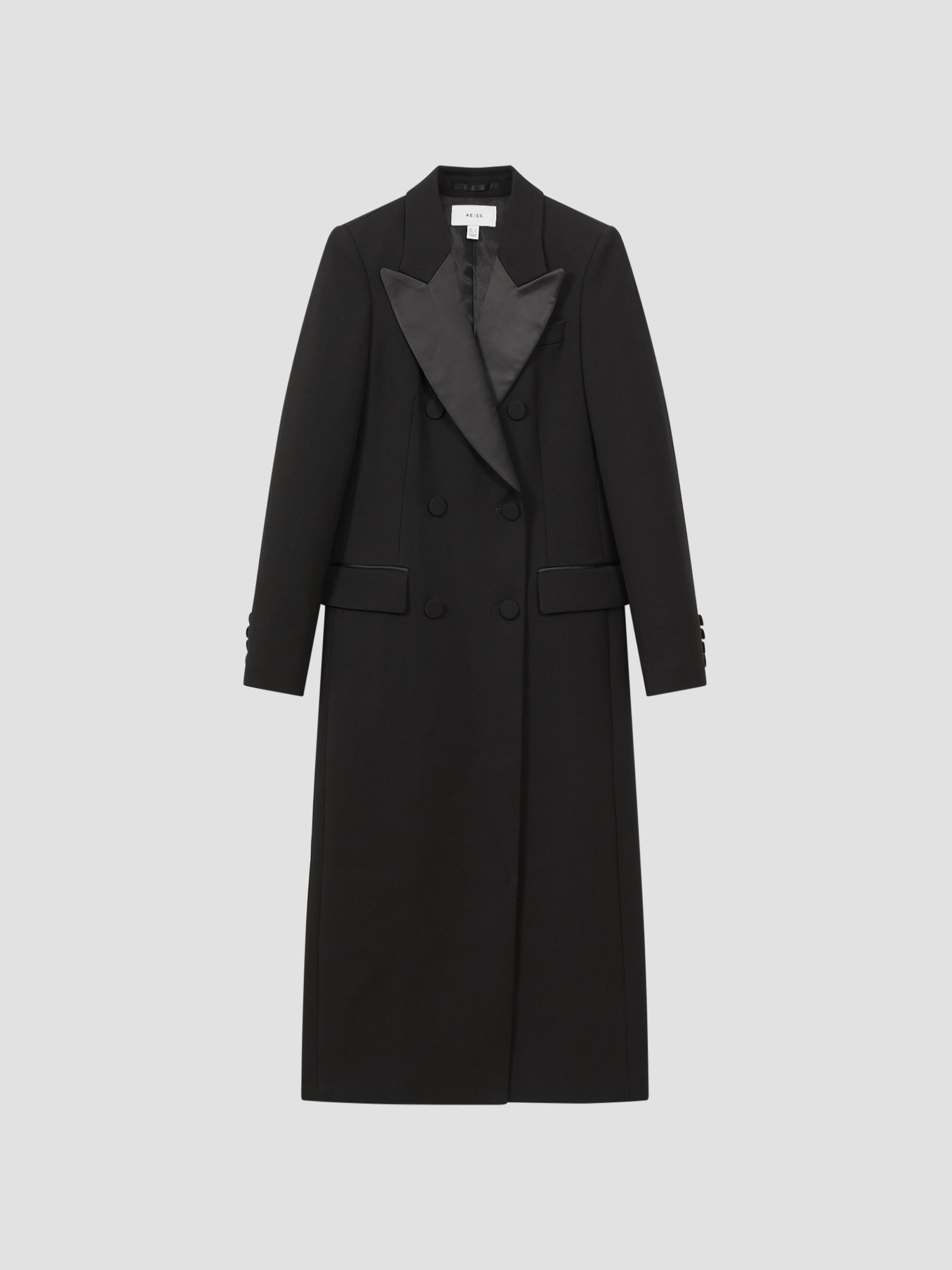 Relaxed Fit Wool Satin Double Breasted Coat in Black - Image 2 of 5 Relaxed Fit Wool Satin Double Breasted Coat in Black - Image 2 of 5