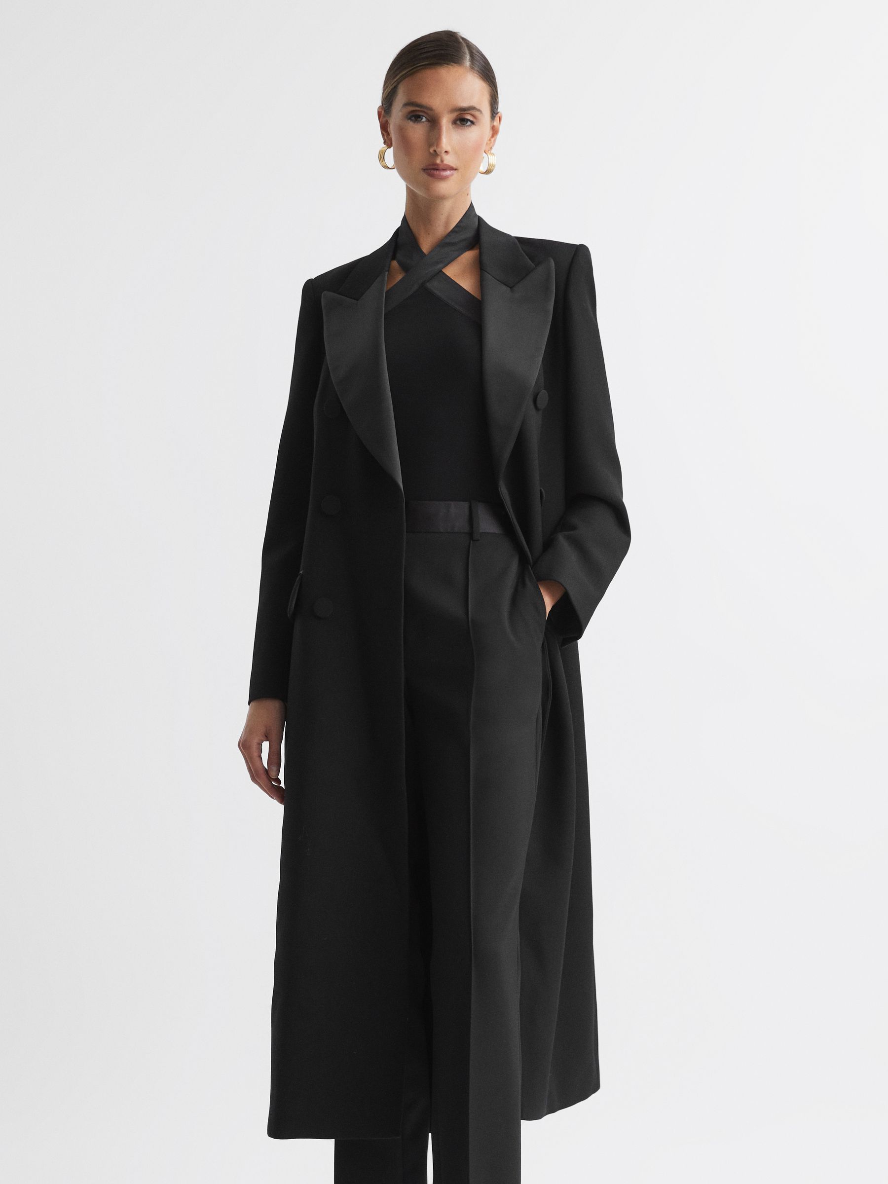 Relaxed Fit Wool Satin Double Breasted Coat in Black - Image 3 of 5