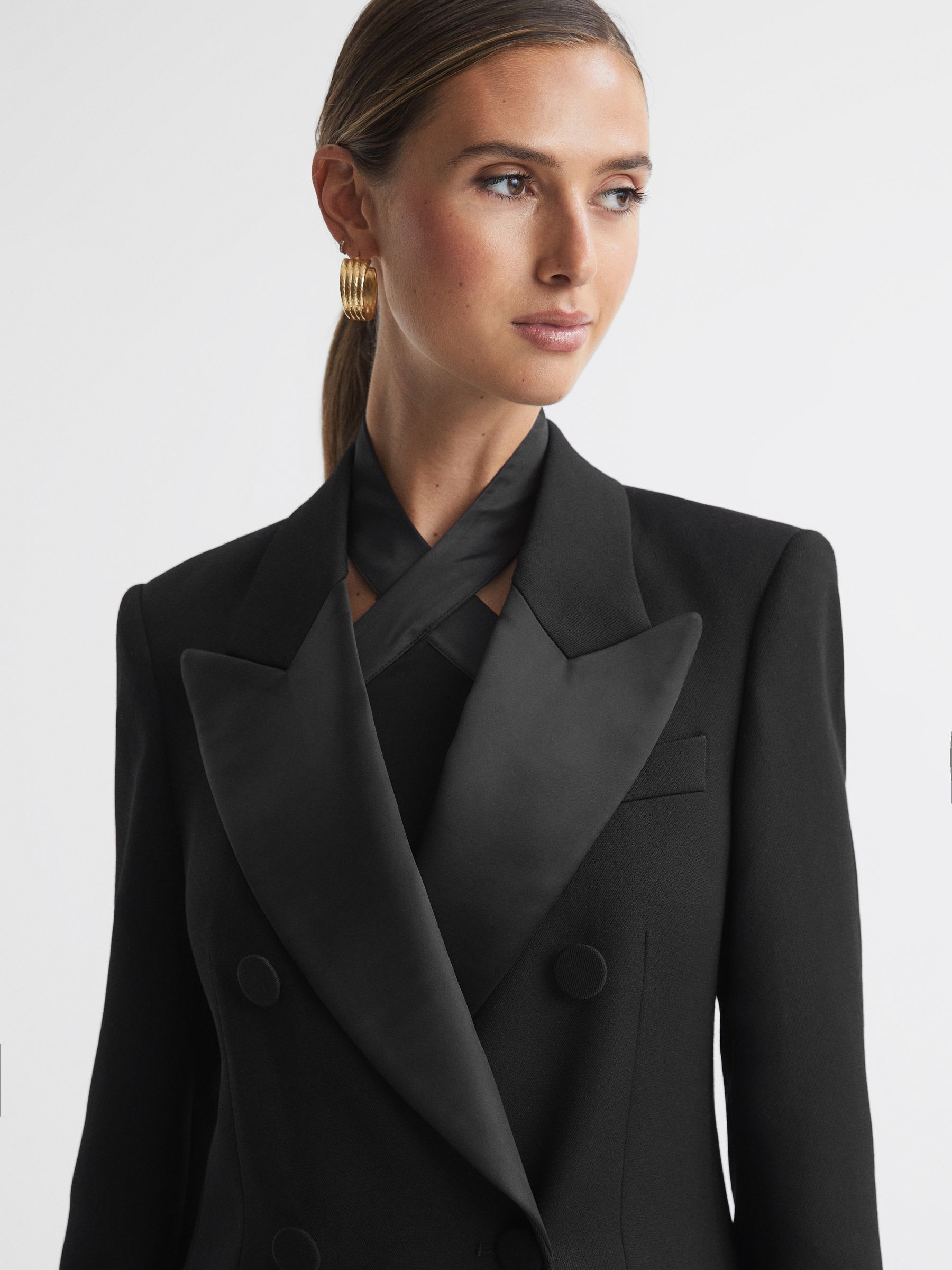 Relaxed Fit Wool Satin Double Breasted Coat in Black - Image 4 of 5