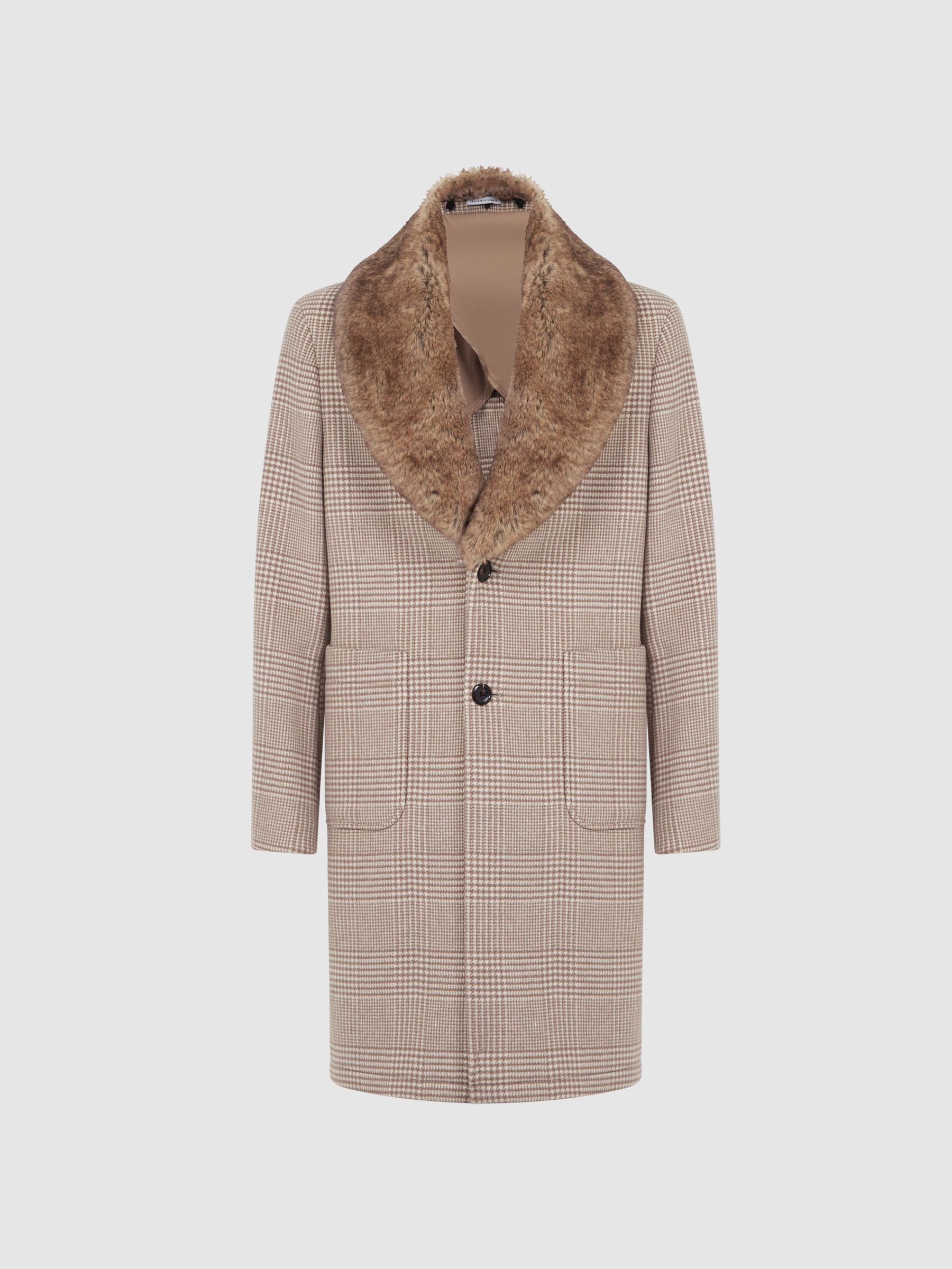 Wool Check Faux Fur Lapel Coat in Oatmeal - Image 2 of 5