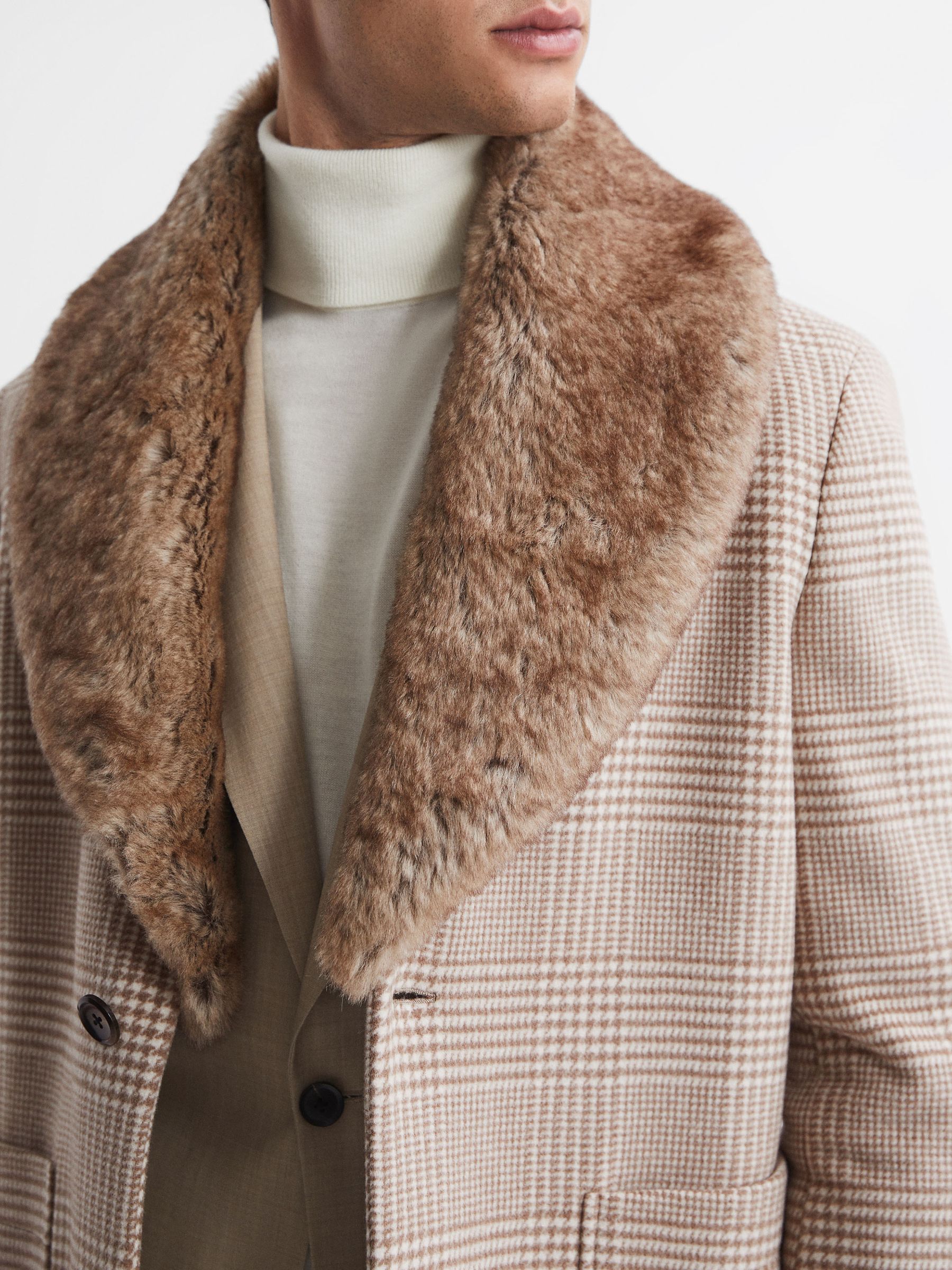 Wool Check Faux Fur Lapel Coat in Oatmeal - Image 5 of 5