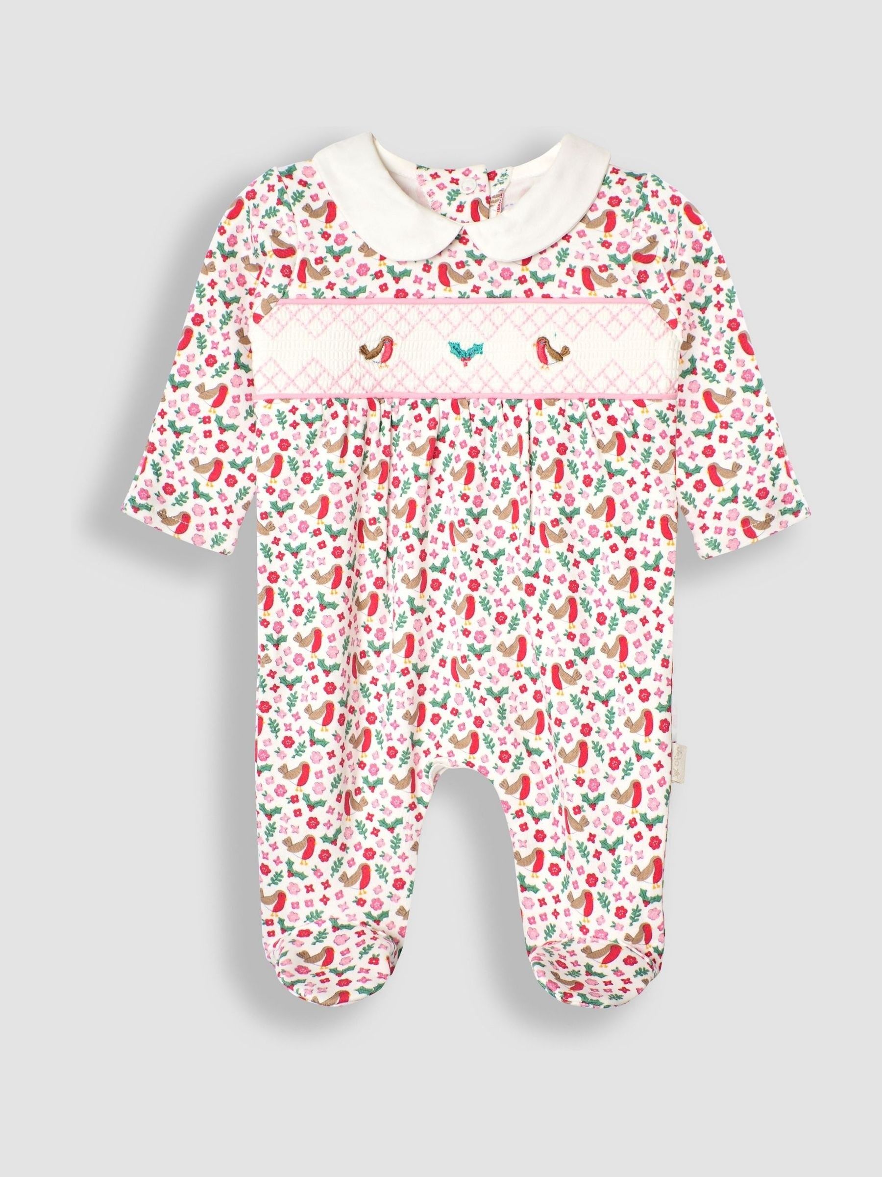 Cream Robin Print Smocked Christmas Sleepsuit - Image 1 of 3