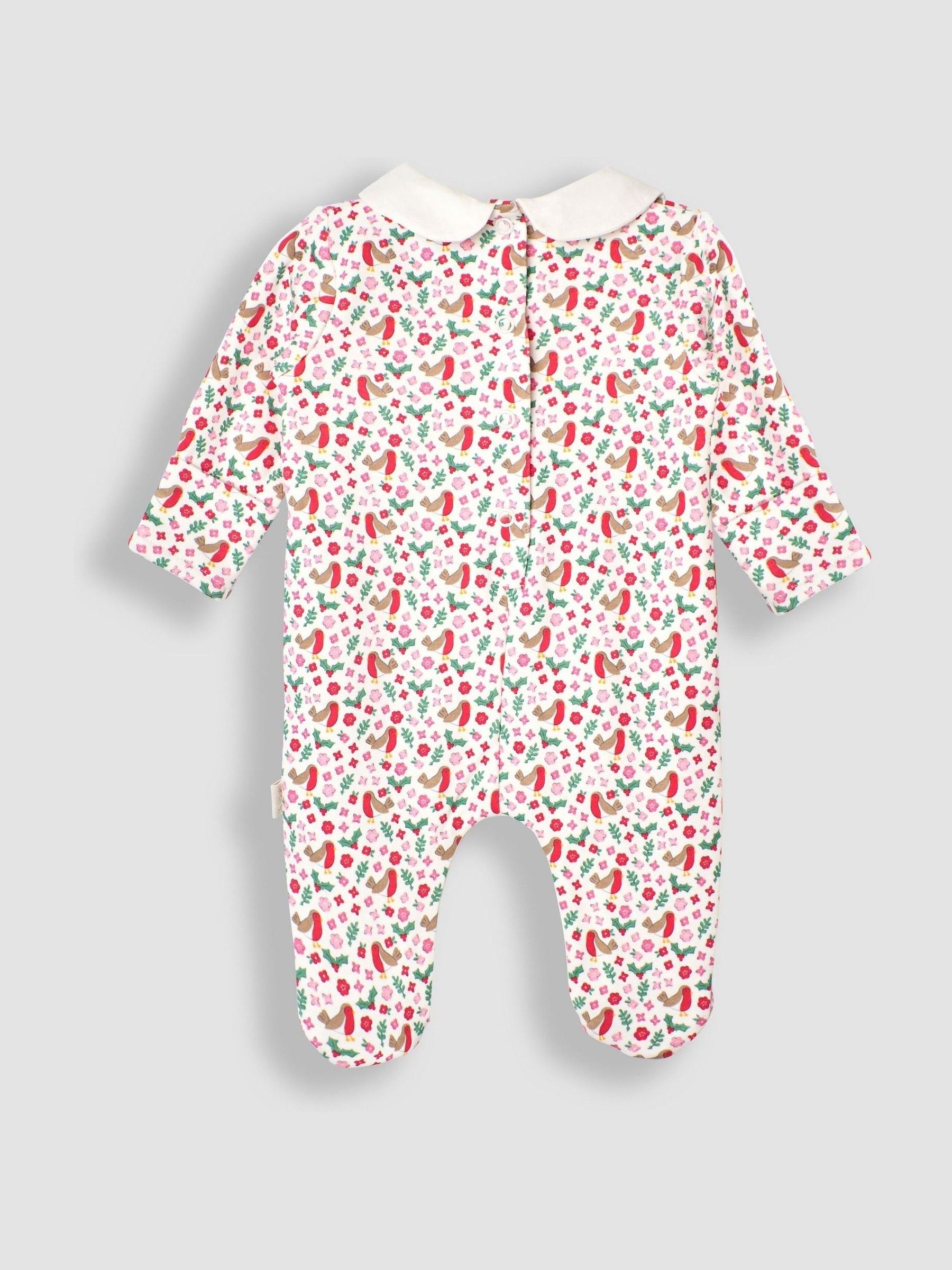 Cream Robin Print Smocked Christmas Sleepsuit - Image 2 of 3