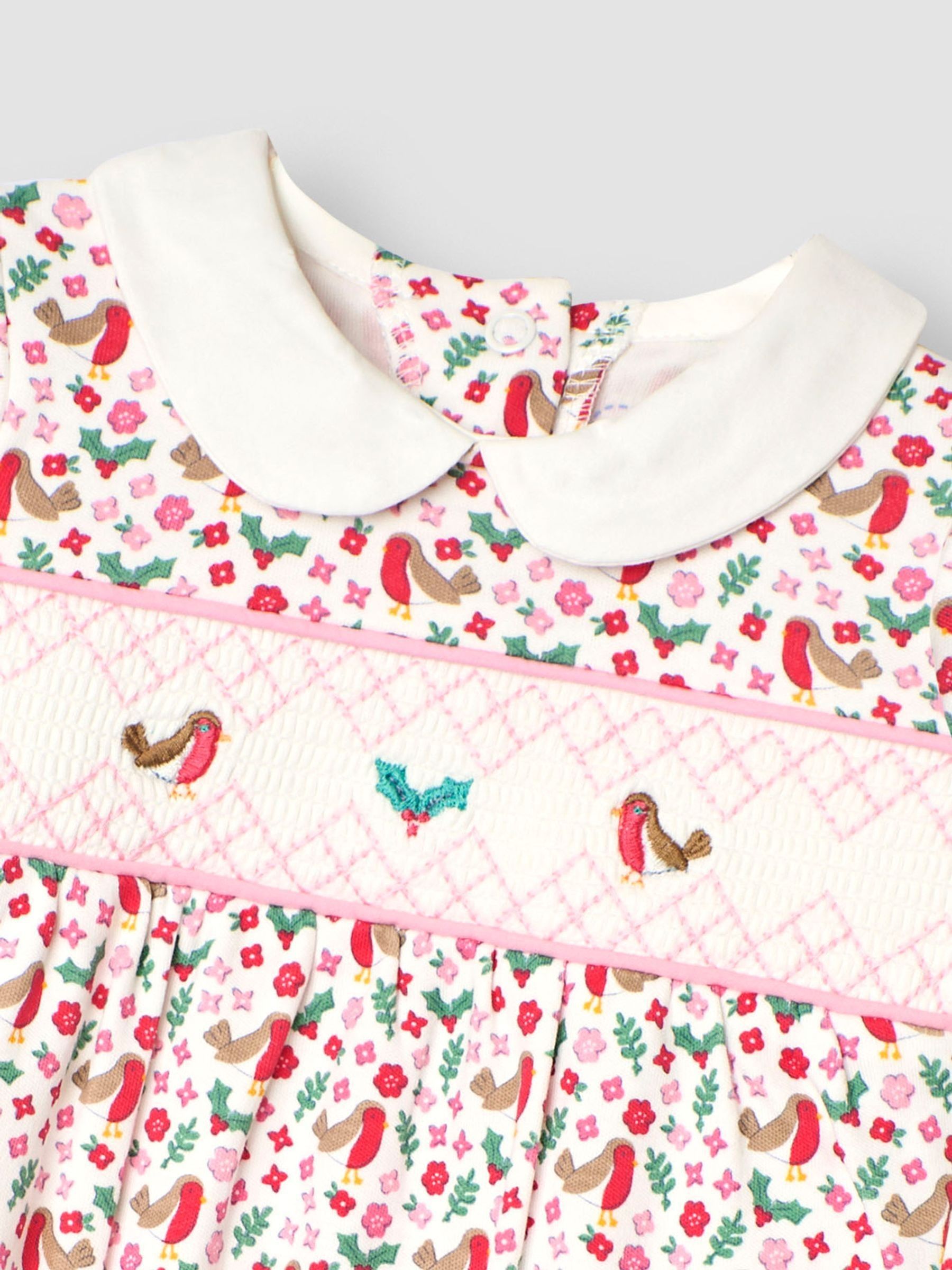 Cream Robin Print Smocked Christmas Sleepsuit - Image 3 of 3