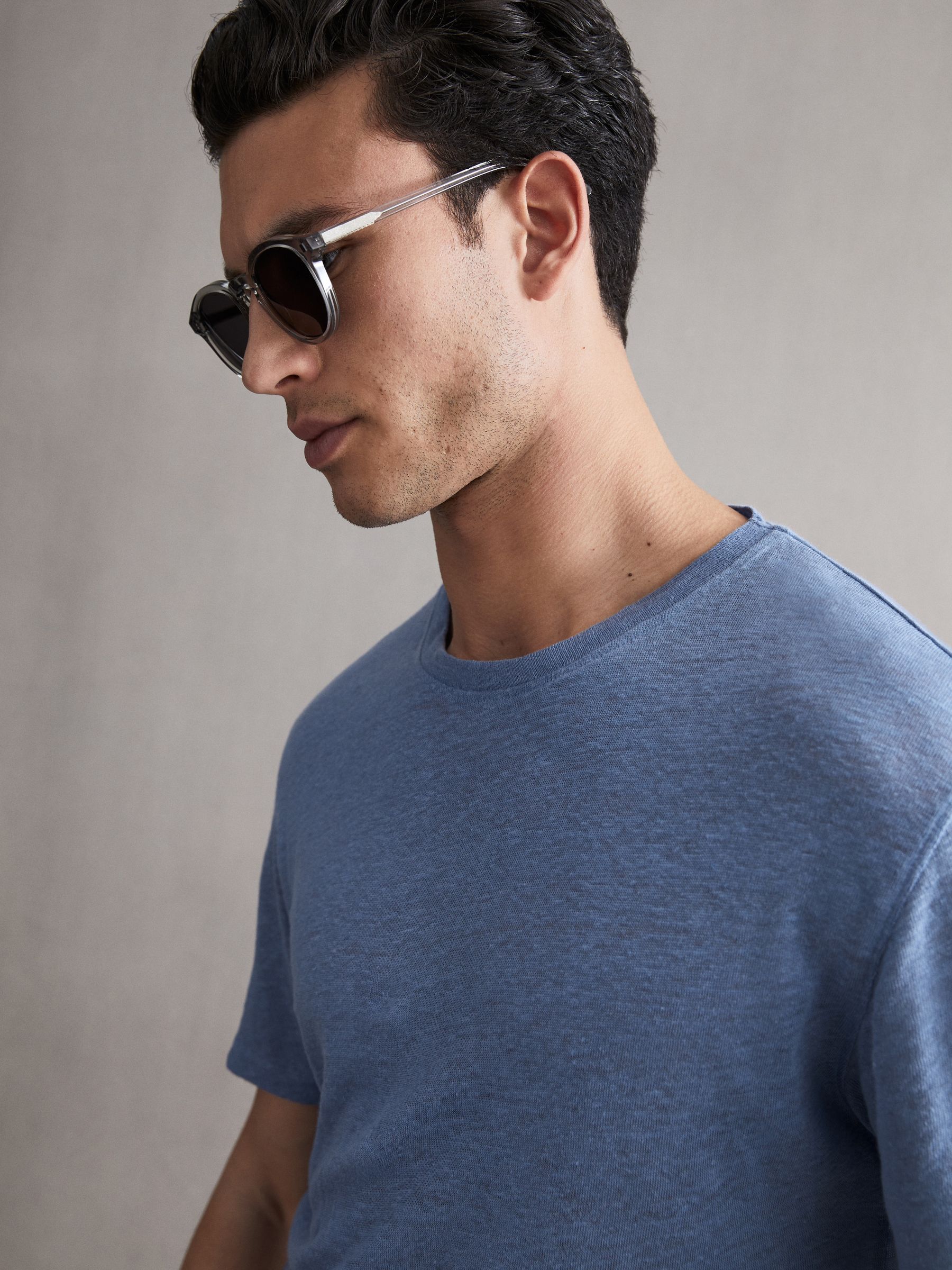 Linen Crew Neck T-Shirt in Dove Blue - Image 1 of 5