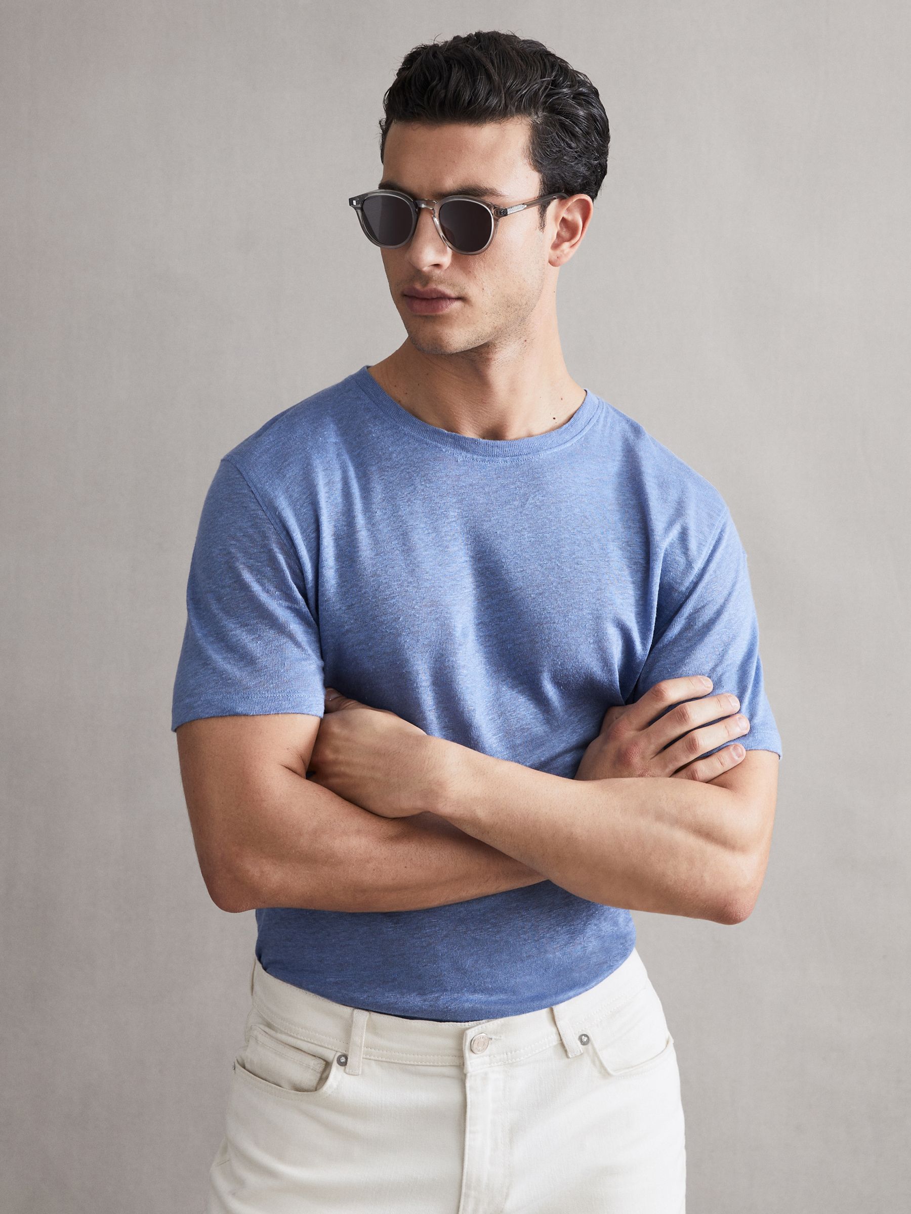 Linen Crew Neck T-Shirt in Dove Blue - Image 4 of 5