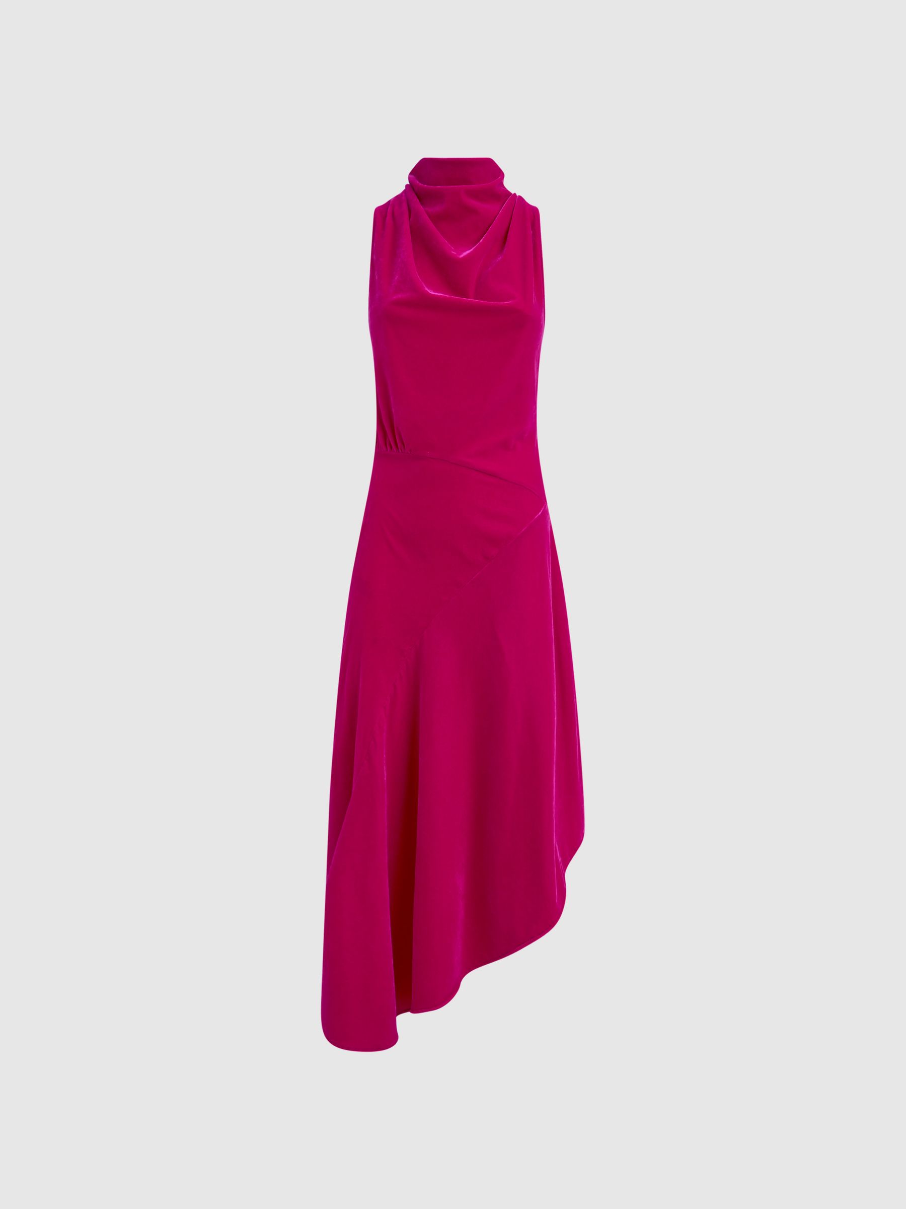 Velvet Funnel Neck Asymmetric Midi Dress in Pink - Image 2 of 6