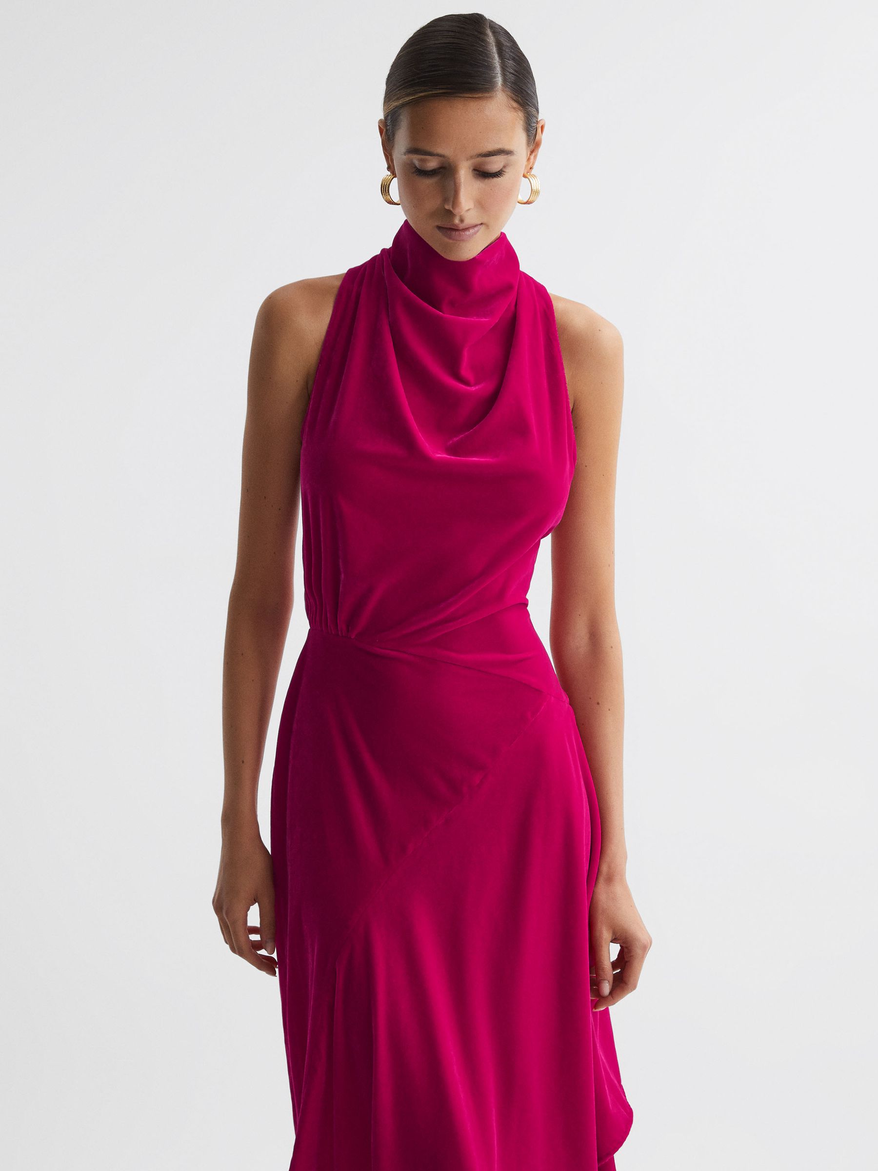 Velvet Funnel Neck Asymmetric Midi Dress in Pink - Image 3 of 6
