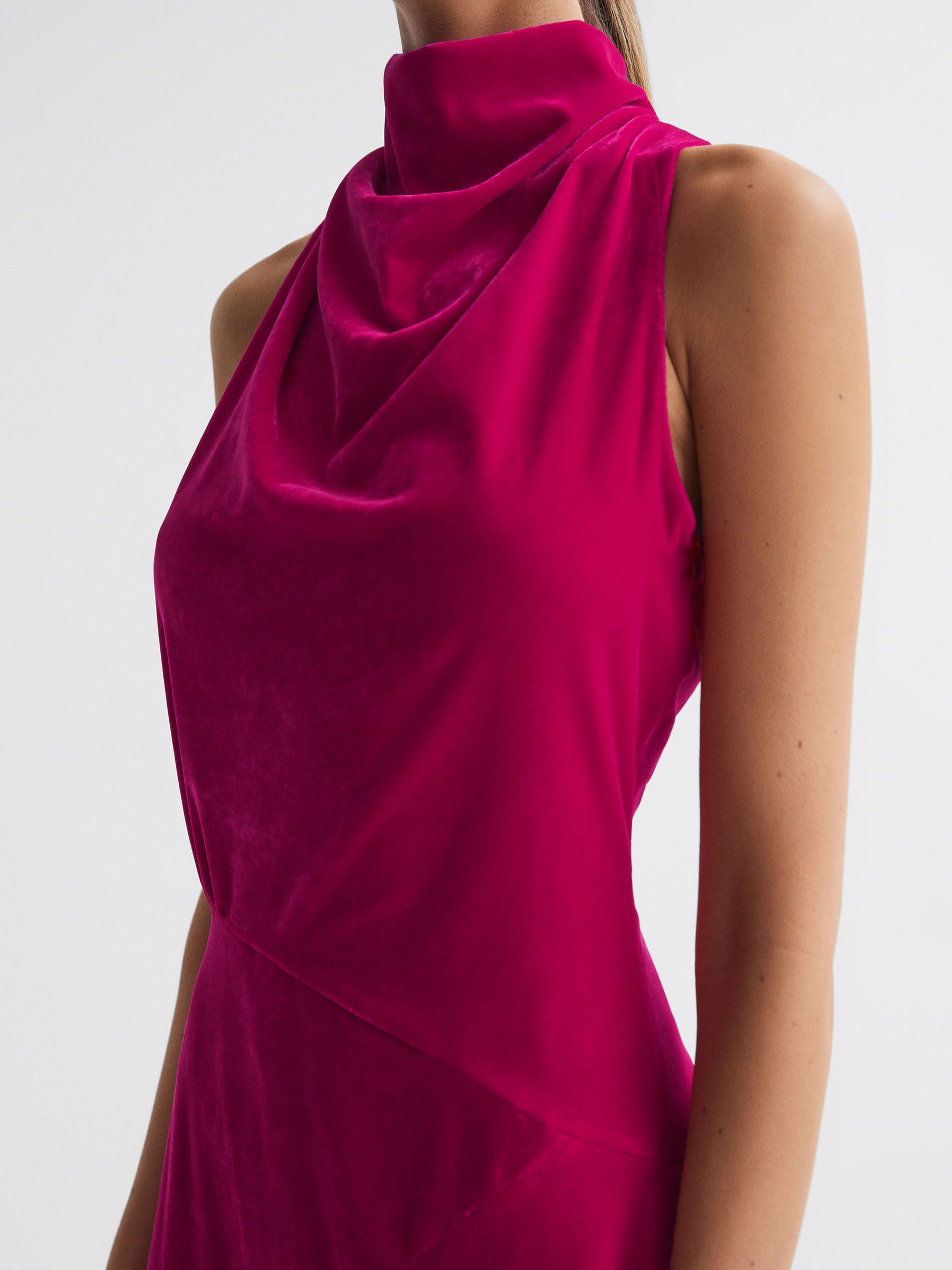 Velvet Funnel Neck Asymmetric Midi Dress in Pink - Image 4 of 6