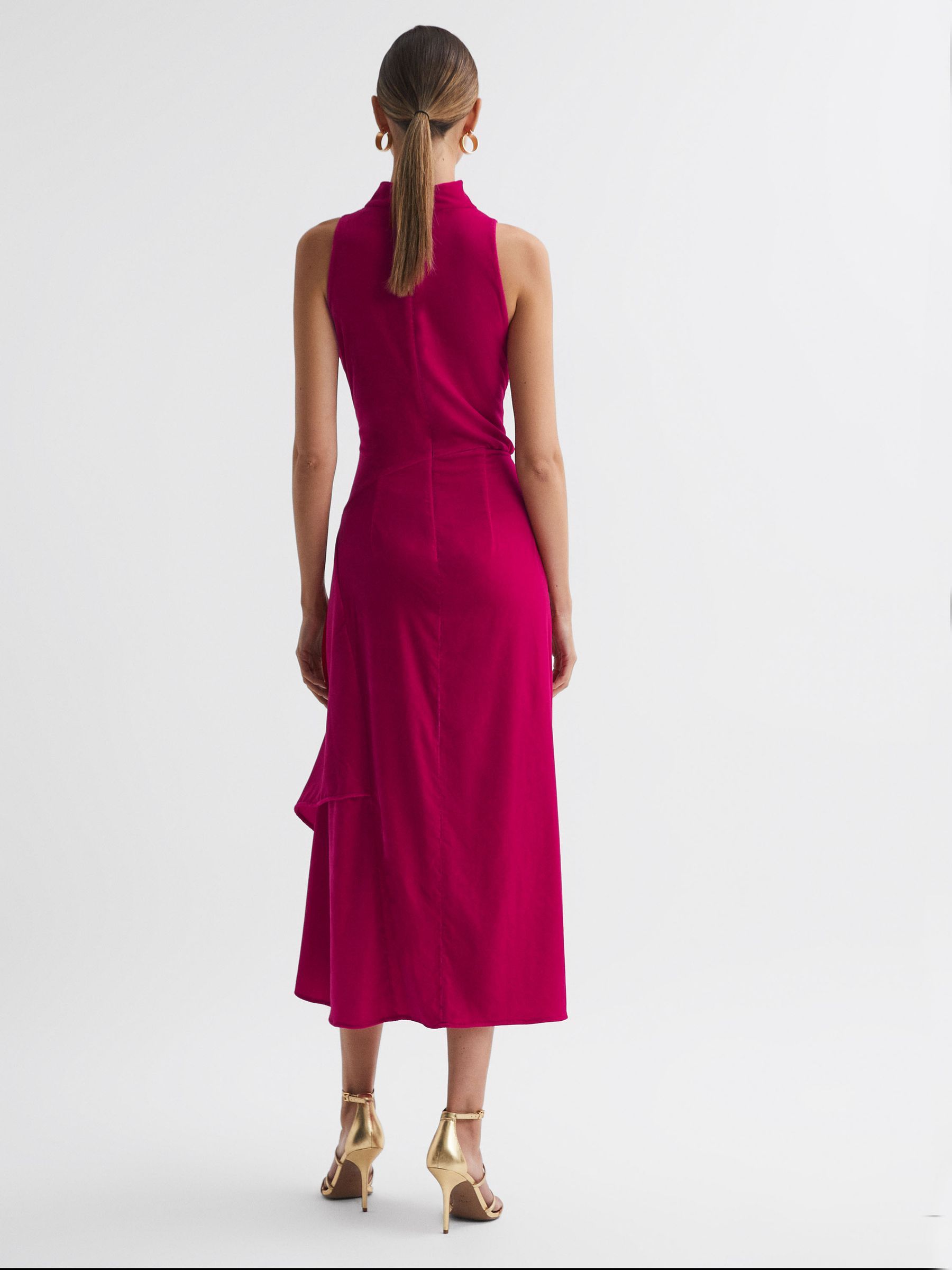 Velvet Funnel Neck Asymmetric Midi Dress in Pink - Image 5 of 6