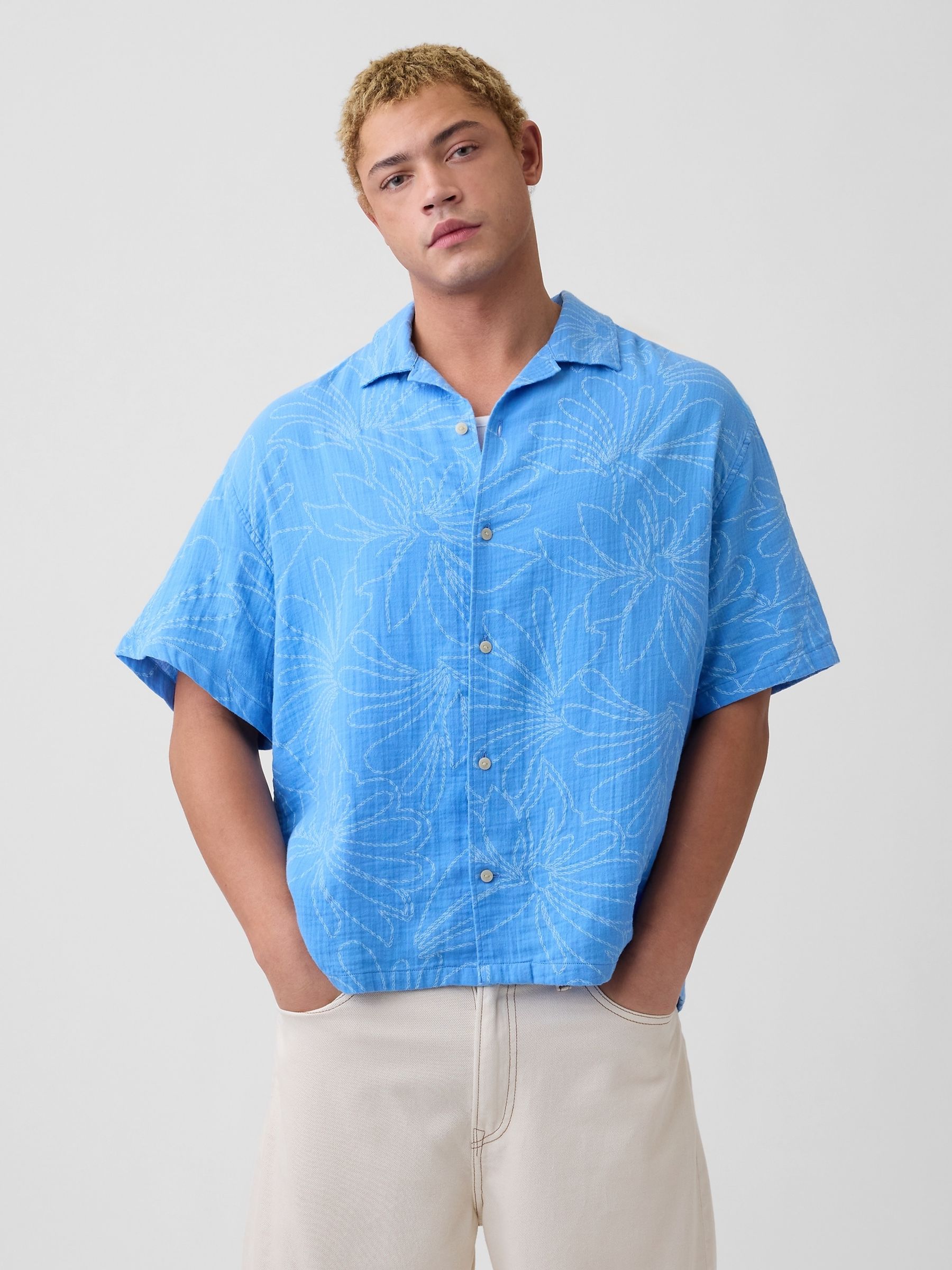 Blue Floral Gauze Boxy Holiday Shirt - Image 1 of 5