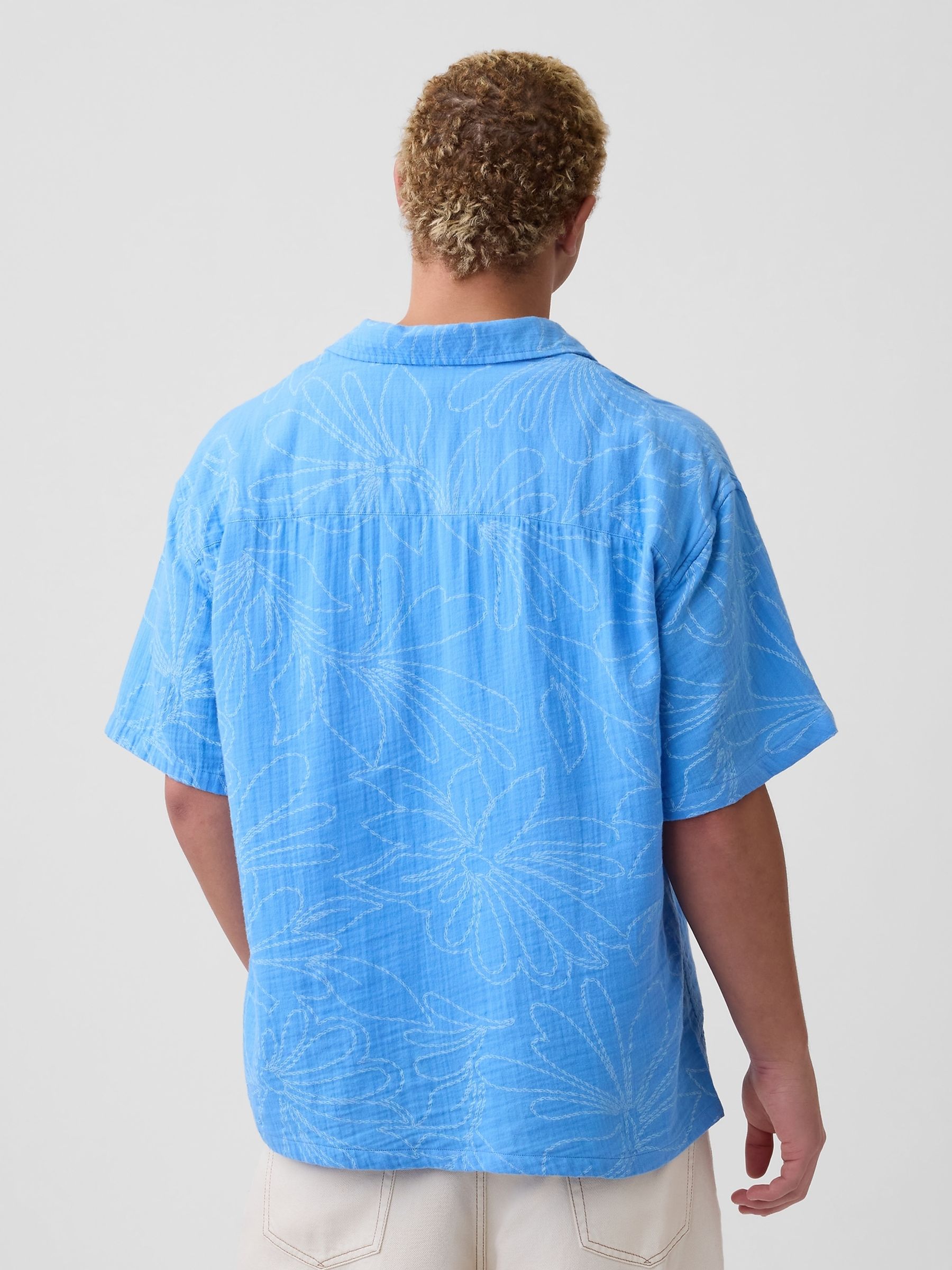 Blue Floral Gauze Boxy Holiday Shirt - Image 2 of 5