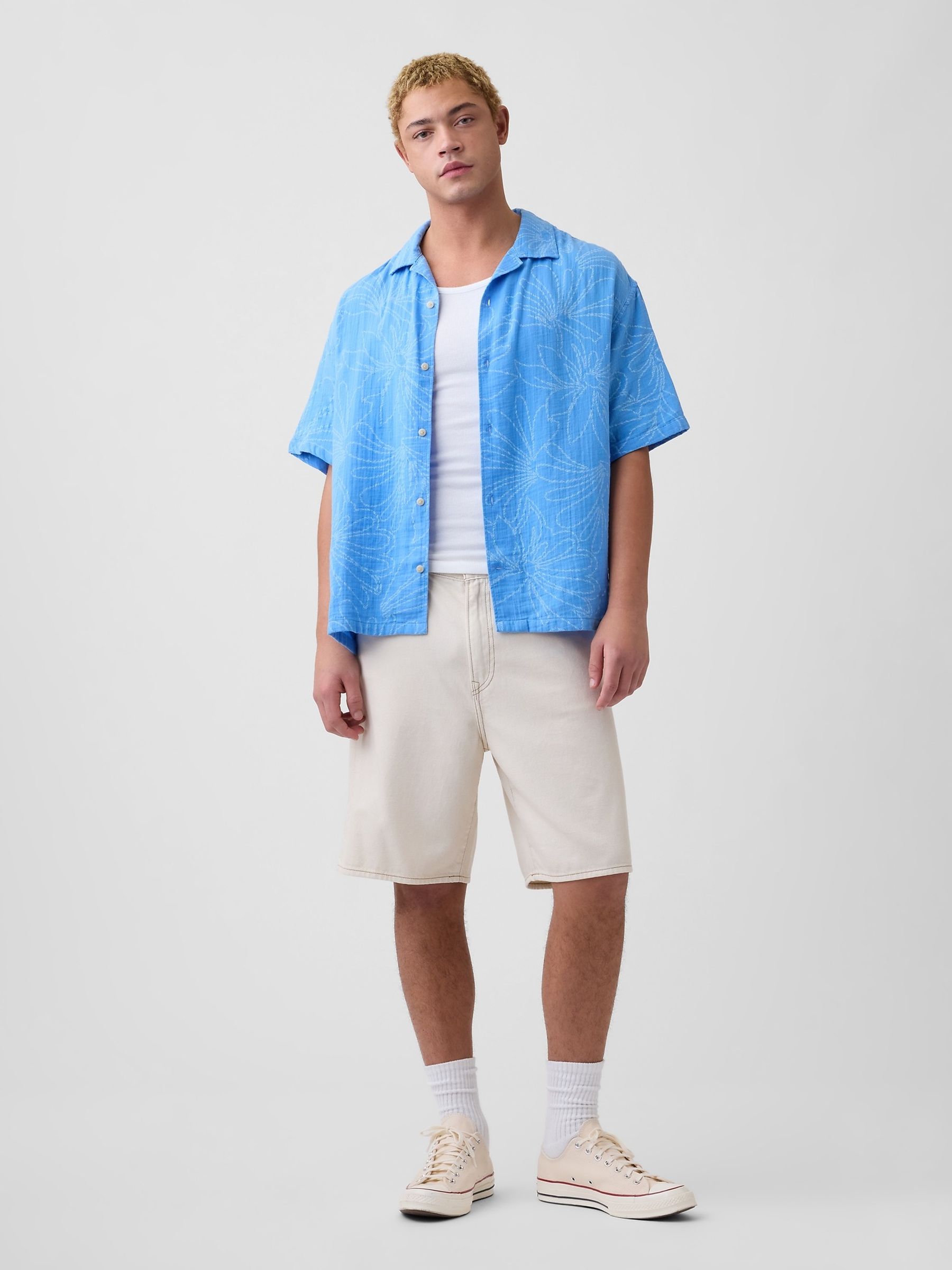 Blue Floral Gauze Boxy Holiday Shirt - Image 3 of 5