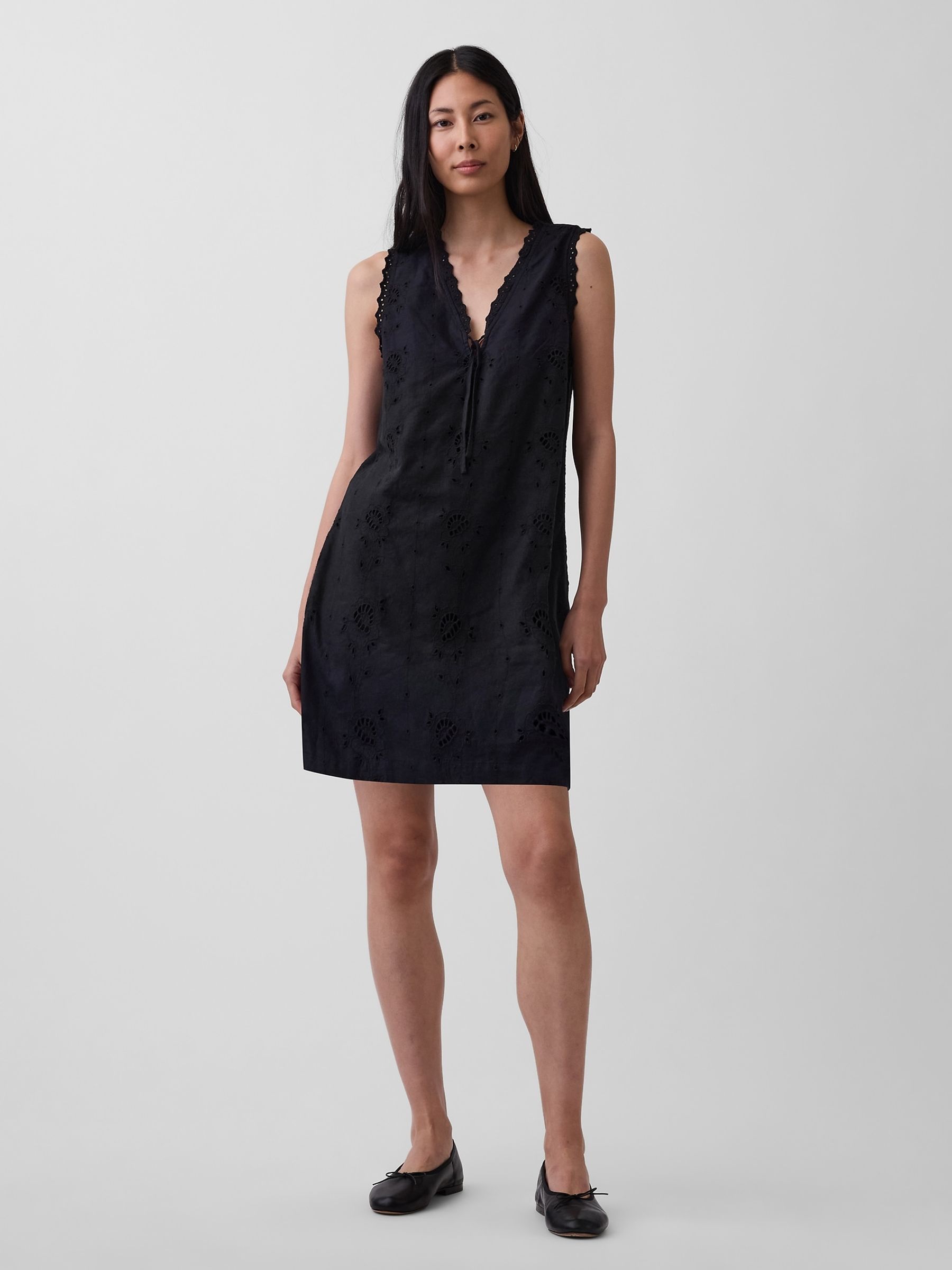 Black Linen-Blend Embroidered Mini Shift Dress - Image 1 of 4
