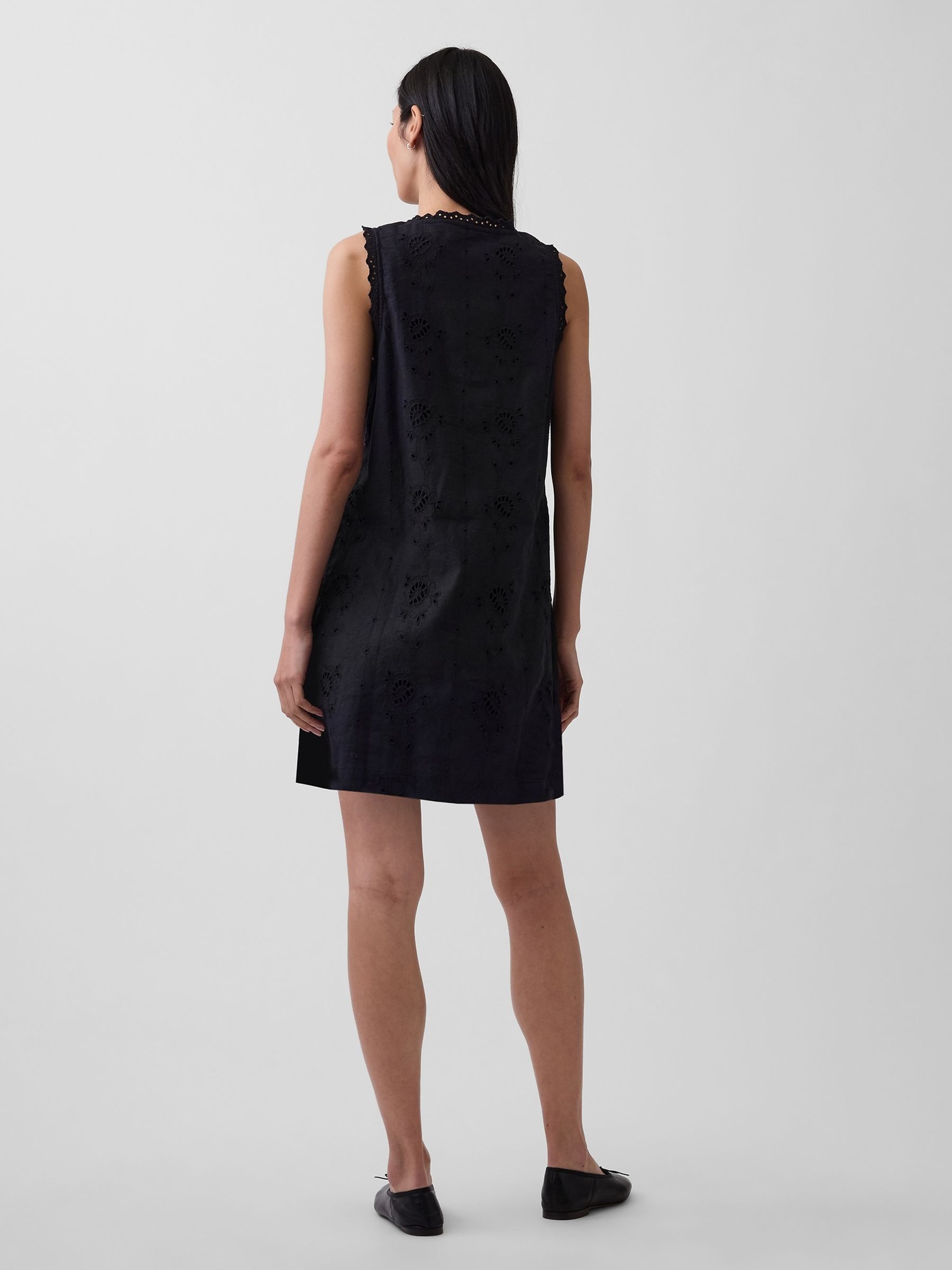 Black Linen-Blend Embroidered Mini Shift Dress - Image 2 of 4