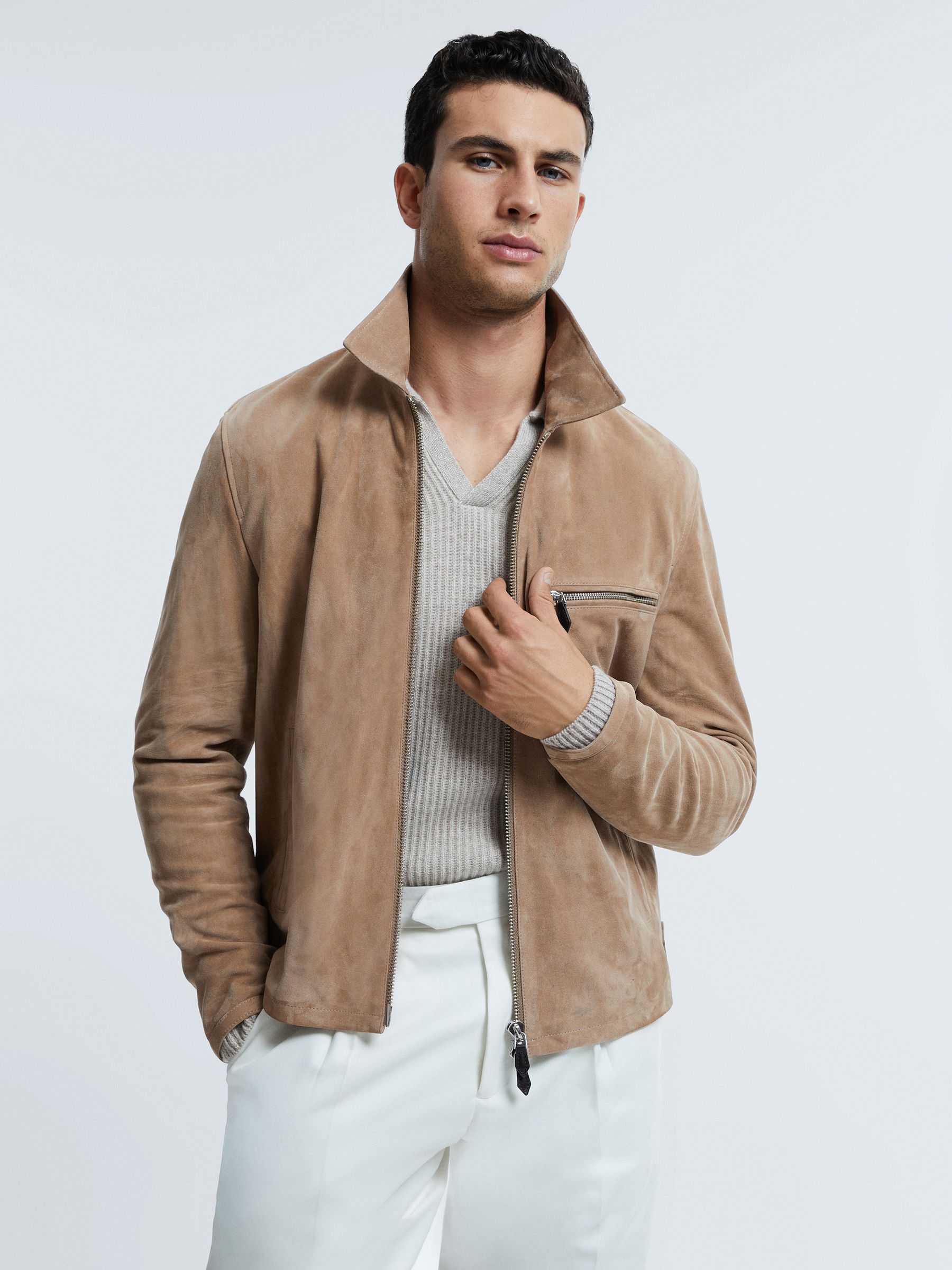 Reiss Atelier Metis Suede Zip-Through Jacket in Sand | REISS
