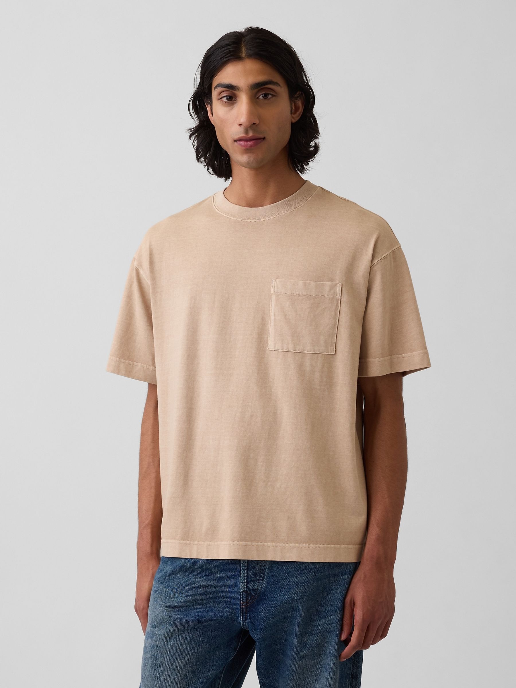 Tan Brown Oversized Boxy Pocket Short Sleeve T-Shirt - Image 1 of 4 Tan Brown Oversized Boxy Pocket Short Sleeve T-Shirt - Image 1 of 4